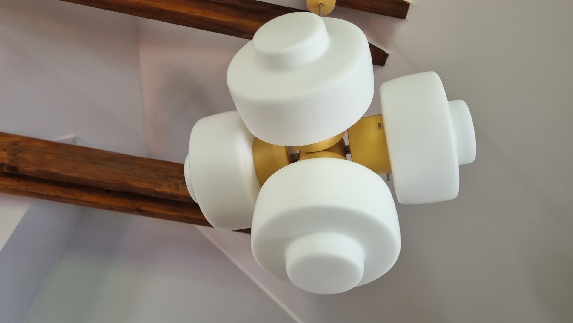 Pendant lamp Space Age, white opaline glass, yellow metal, by J. Hůrka, Napako, Czechoslovakia, 1960s. - 350030