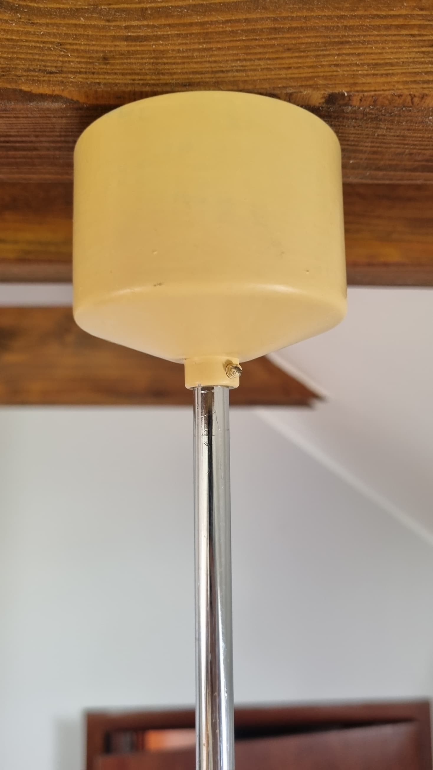 Pendant lamp Space Age, white opaline glass, yellow metal, by J. Hůrka, Napako, Czechoslovakia, 1960s. - 350028