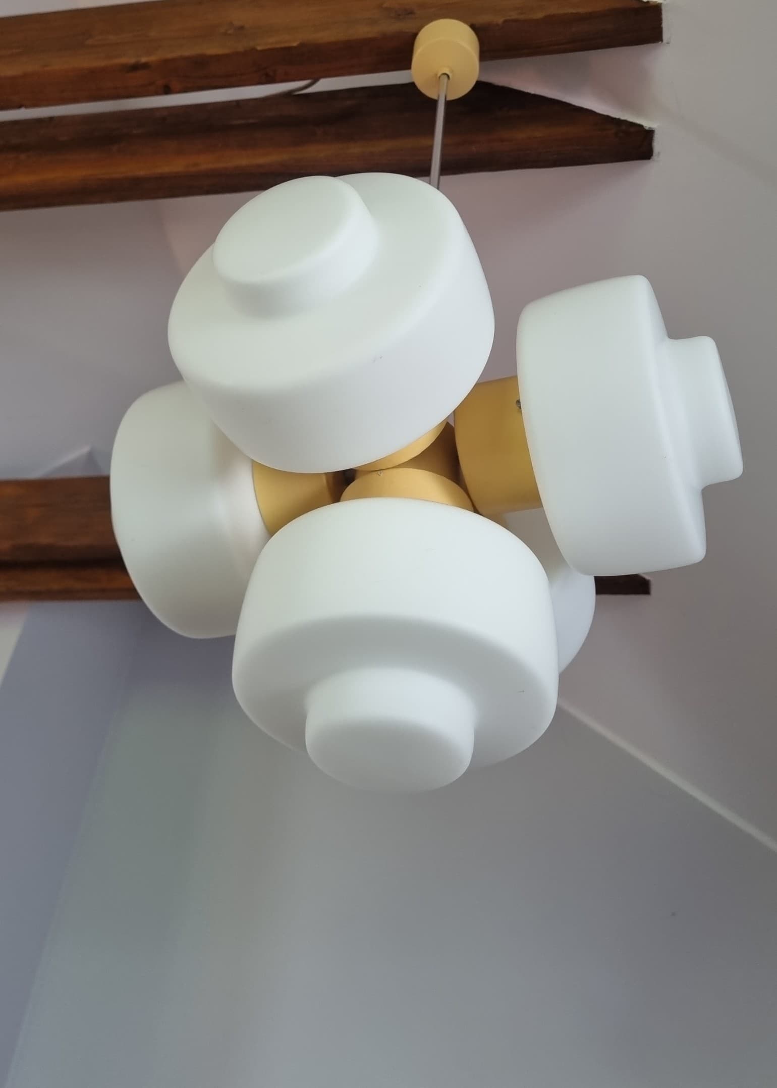 Pendant lamp Space Age, white opaline glass, yellow metal, by J. Hůrka, Napako, Czechoslovakia, 1960s. - 350024