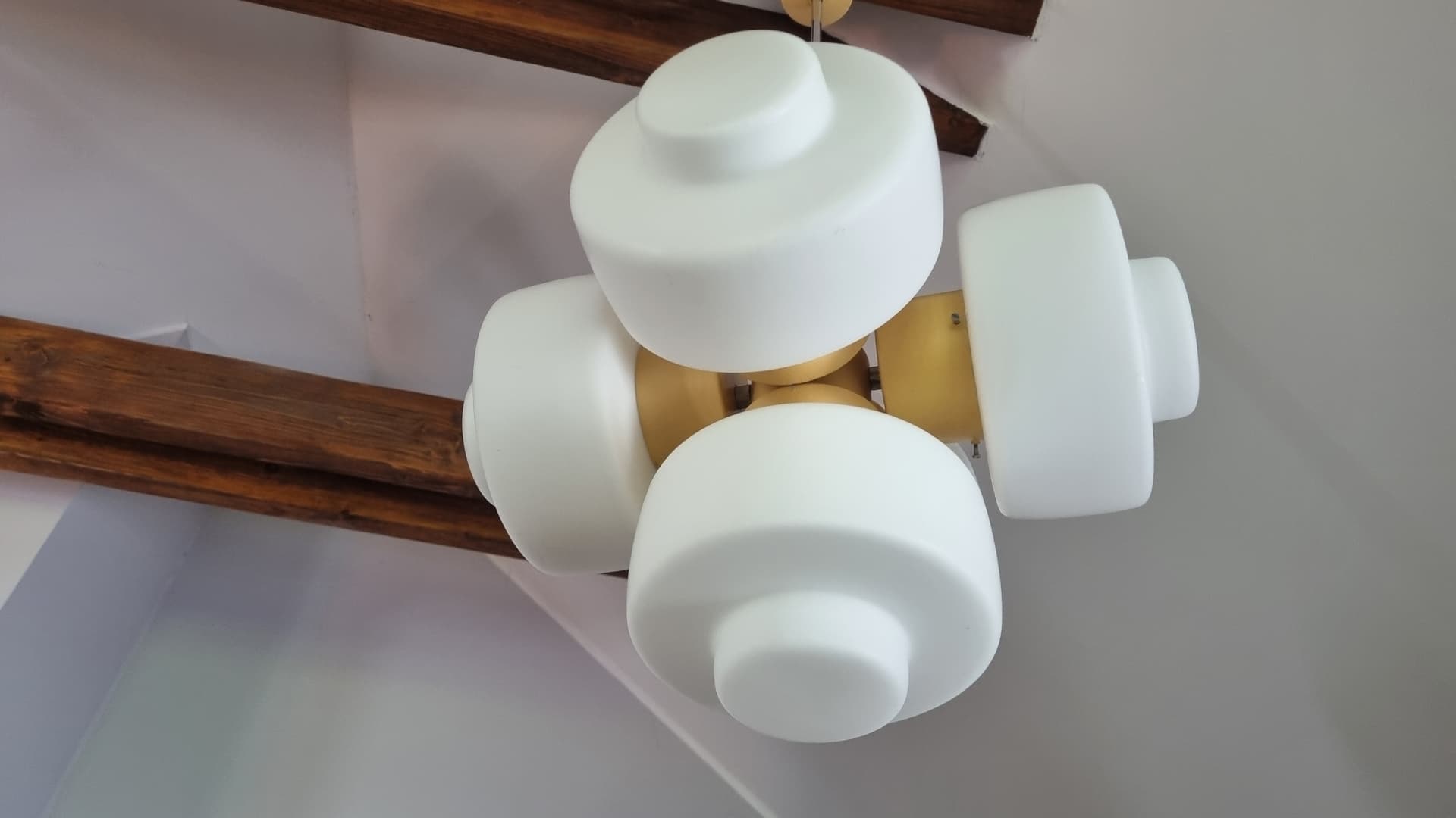 Pendant lamp Space Age, white opaline glass, yellow metal, by J. Hůrka, Napako, Czechoslovakia, 1960s. - 350029
