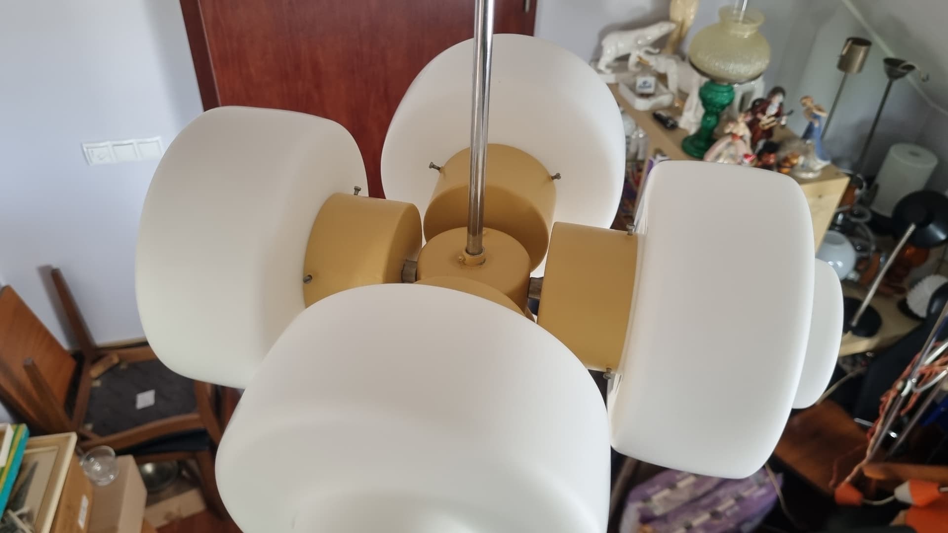 Pendant lamp Space Age, white opaline glass, yellow metal, by J. Hůrka, Napako, Czechoslovakia, 1960s. - 350027