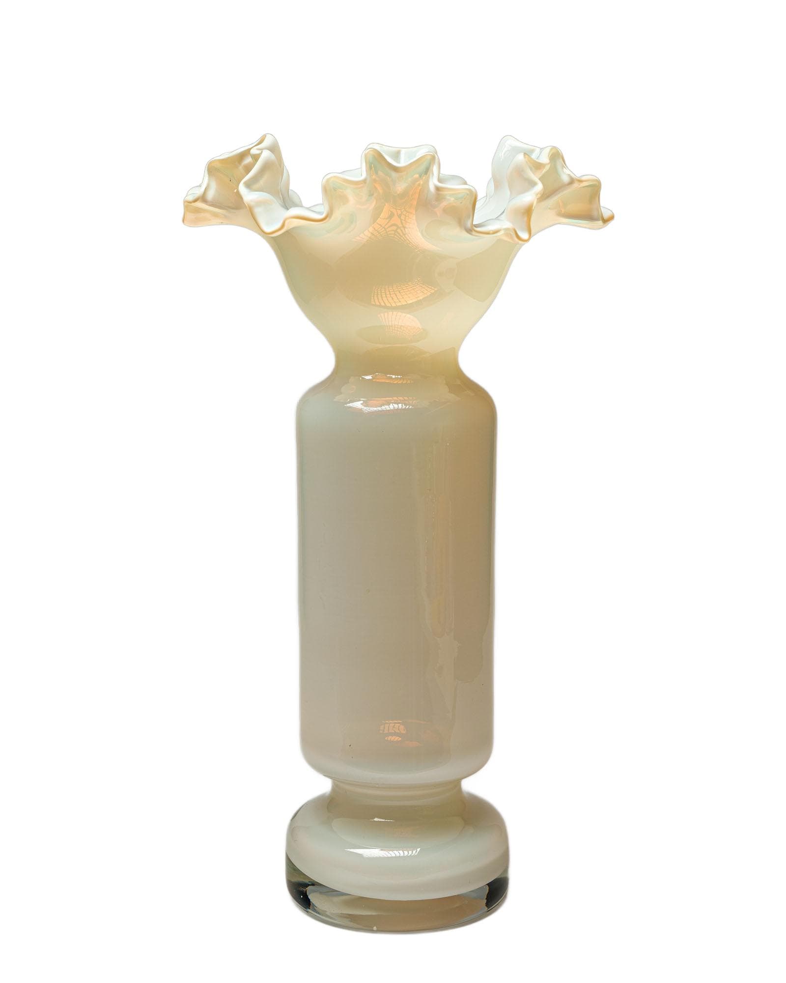 Vase with Frilled Rim, milky white glass, by L. Fiedorowicz, Ząbkowice, Poland, 1980s.