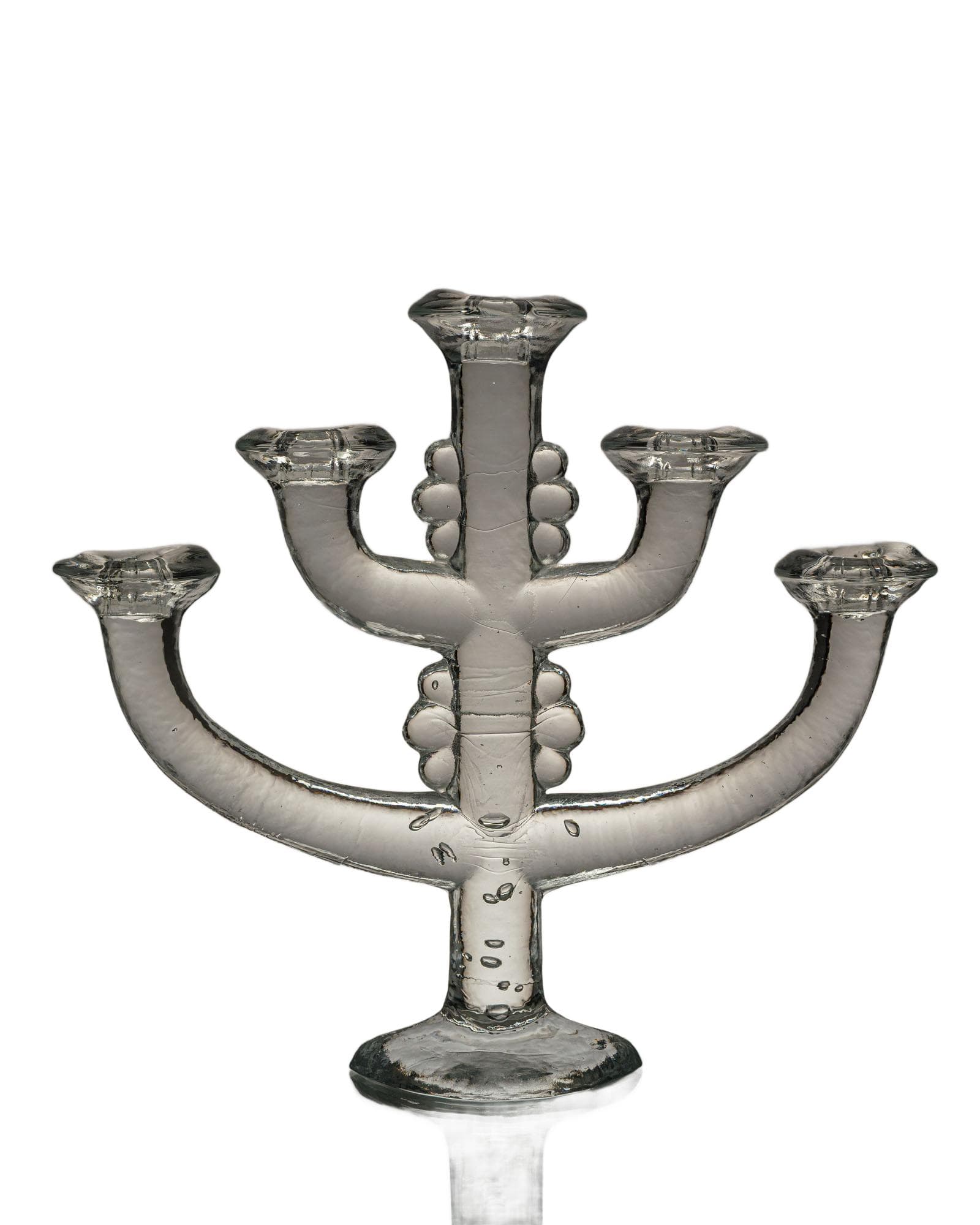 Five-armed candlestick, transparent glass, by S. Gellerstedt, Pukeberg, Sweden, 1970s