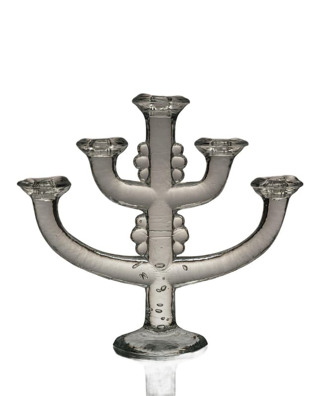 Five-armed candlestick, transparent glass, by S. Gellerstedt, Pukeberg, Sweden, 1970s - DIMENSION