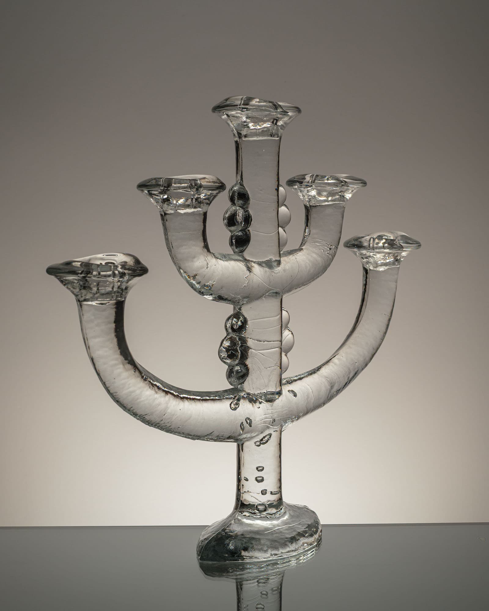 Five-armed candlestick, transparent glass, by S. Gellerstedt, Pukeberg, Sweden, 1970s - 350037