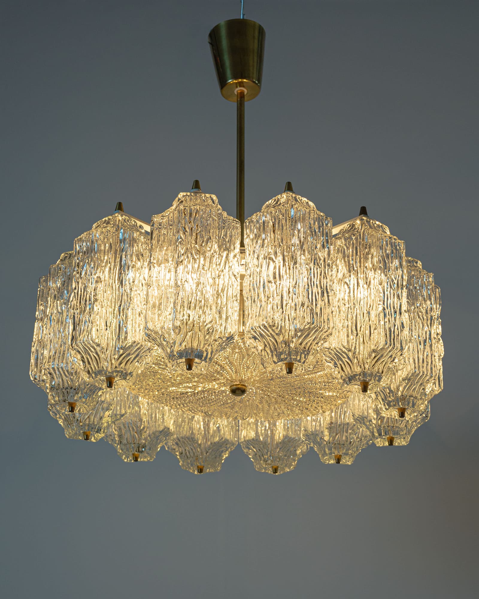 Ceiling lamp, gold brass, transparent glass, by J.T. Kalmar, Austria, 1950s - 350049