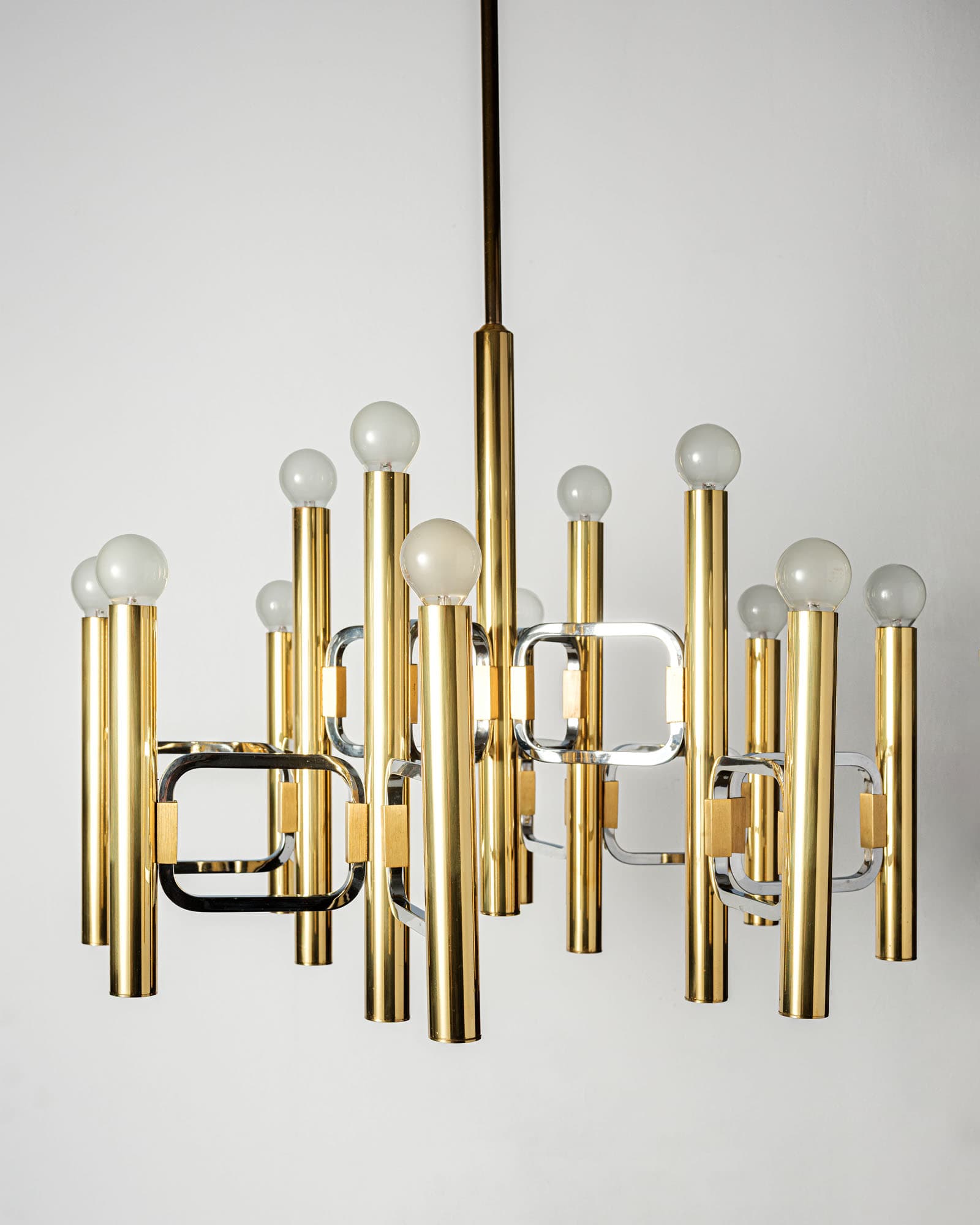 Chandelier, Mid-Century Modern, gold brass, silver chrome, by G. Sciolari, Italy, 1970s. - 350065