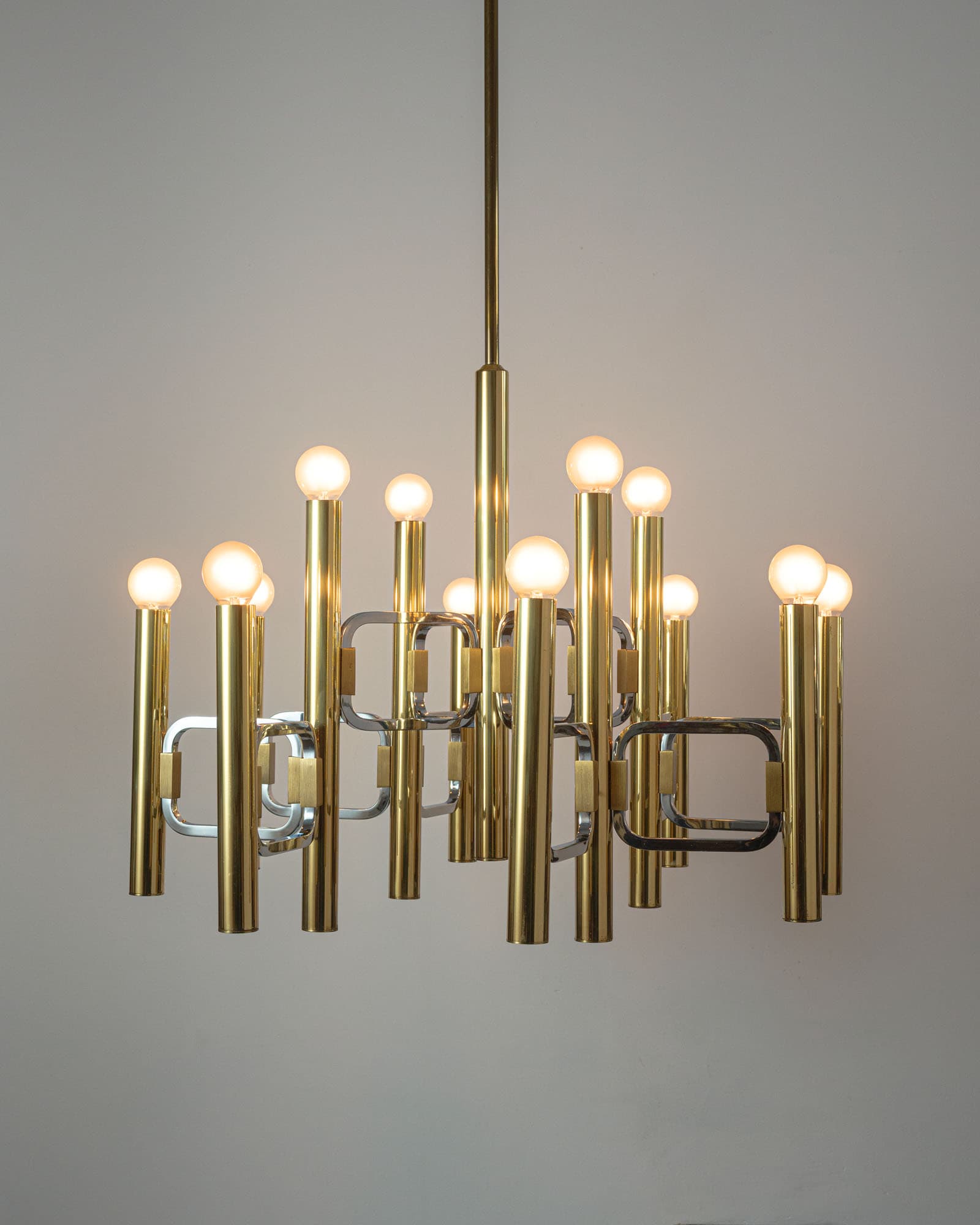 Chandelier, Mid-Century Modern, gold brass, silver chrome, by G. Sciolari, Italy, 1970s. - 350068