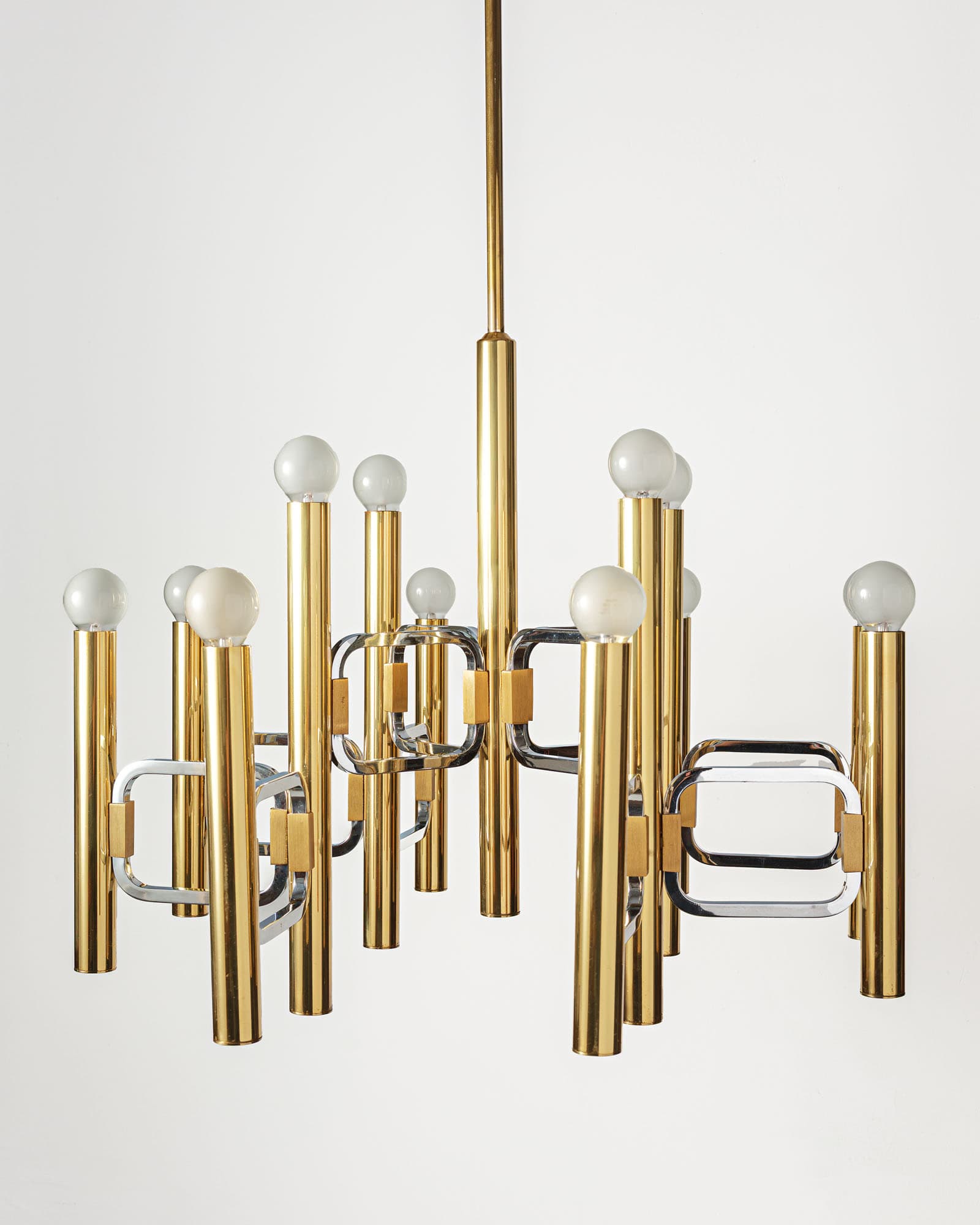 Chandelier, Mid-Century Modern, gold brass, silver chrome, by G. Sciolari, Italy, 1970s. - 350066