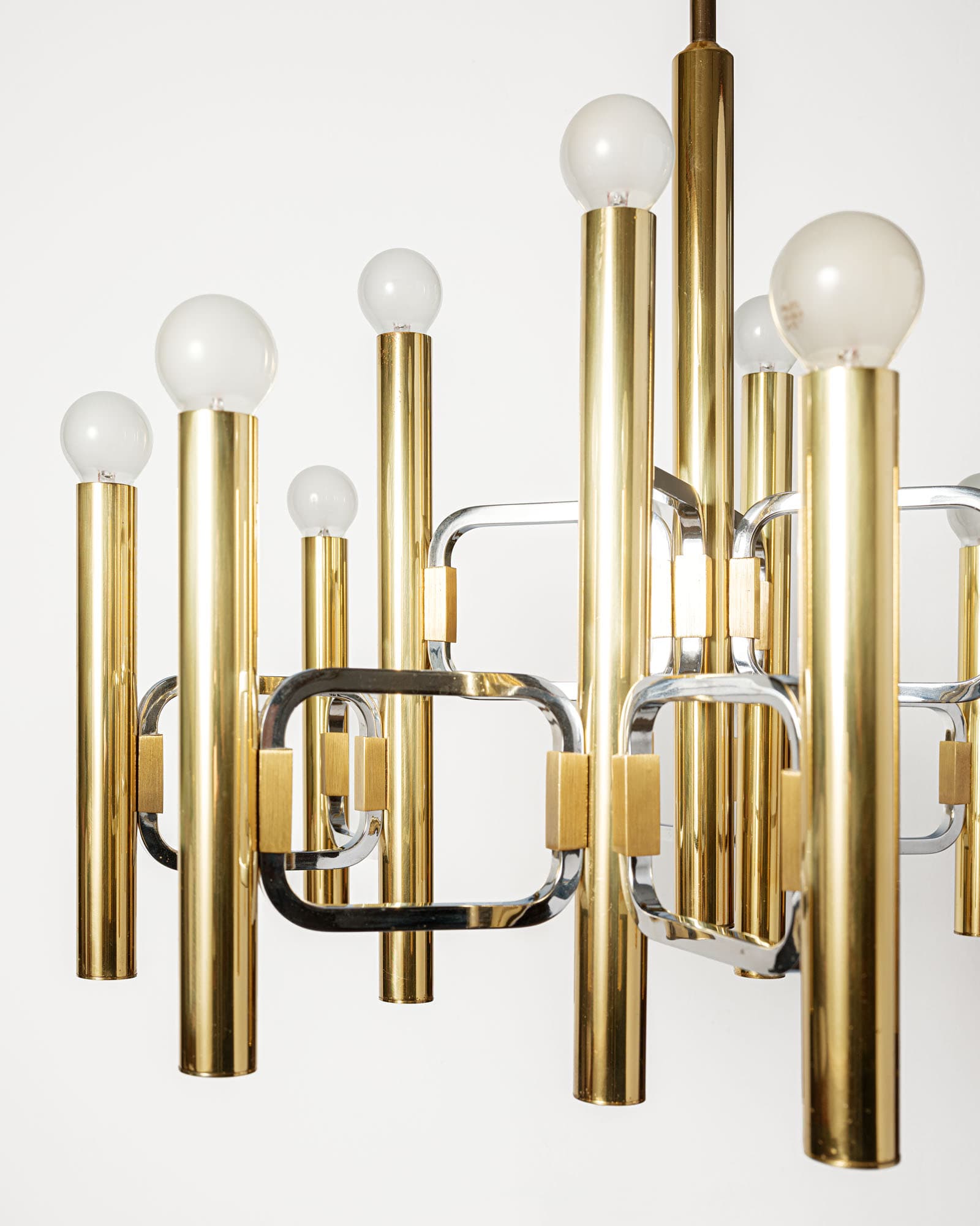 Chandelier, Mid-Century Modern, gold brass, silver chrome, by G. Sciolari, Italy, 1970s. - 350069