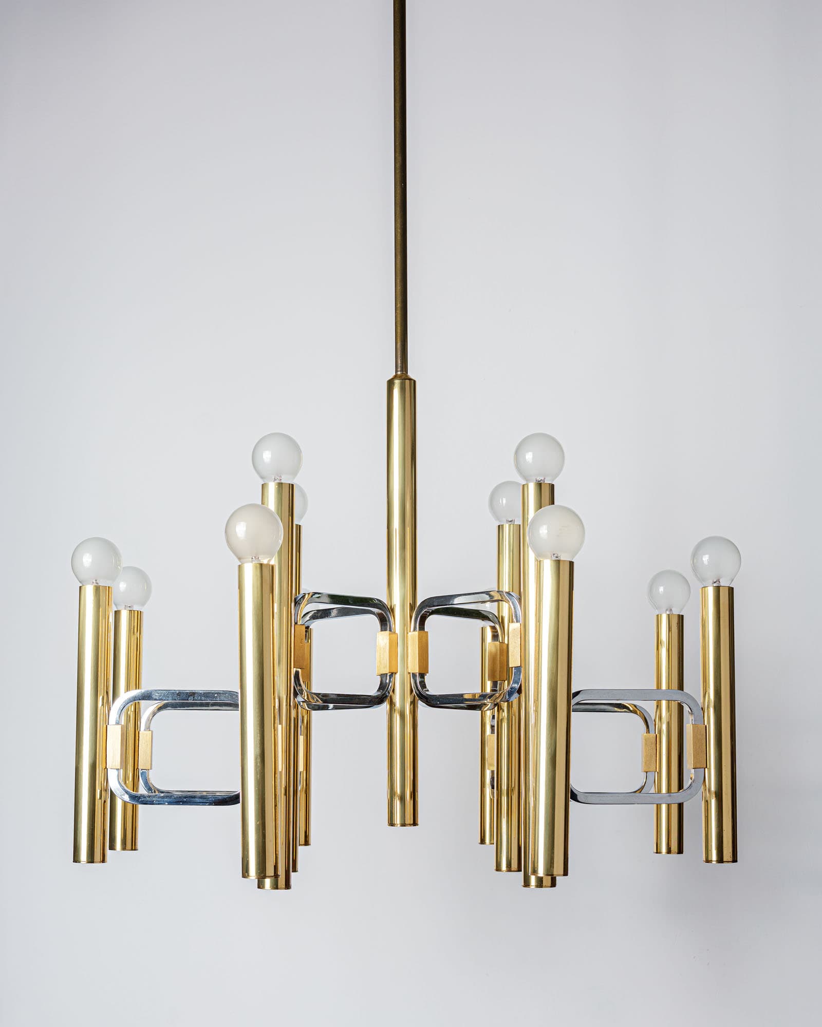 Chandelier, Mid-Century Modern, gold brass, silver chrome, by G. Sciolari, Italy, 1970s. - 350064