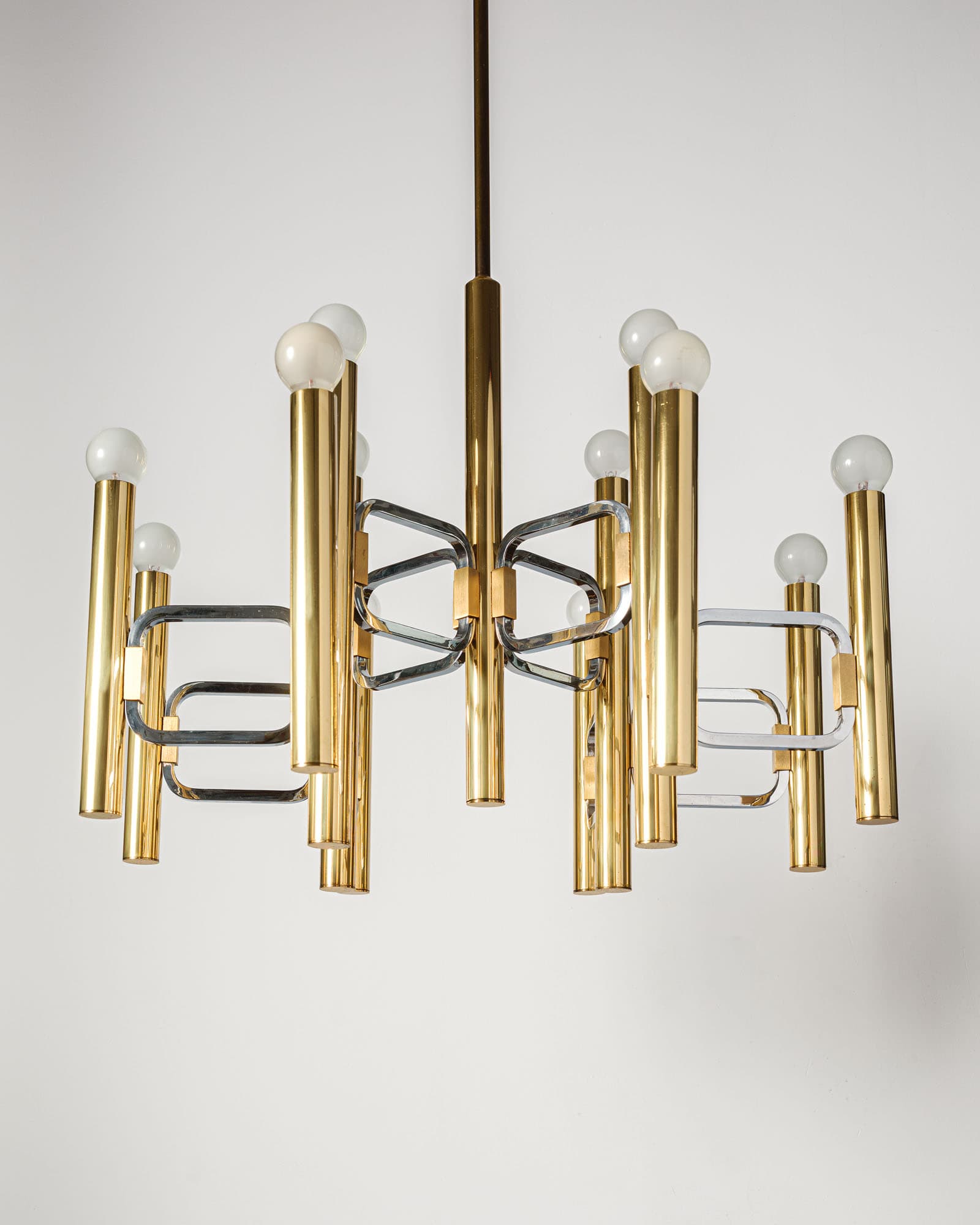 Chandelier, Mid-Century Modern, gold brass, silver chrome, by G. Sciolari, Italy, 1970s. - 350063