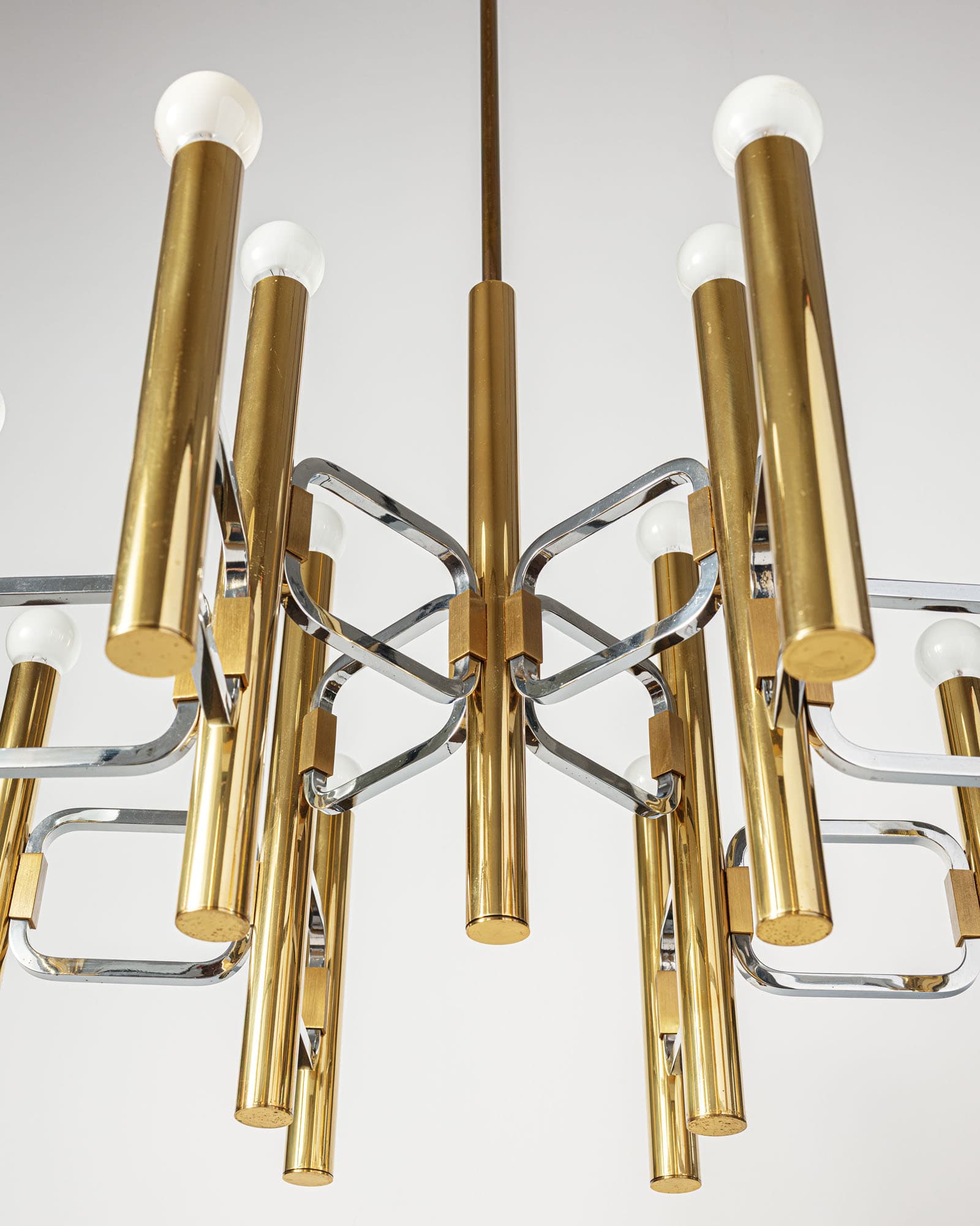 Chandelier, Mid-Century Modern, gold brass, silver chrome, by G. Sciolari, Italy, 1970s. - 350062