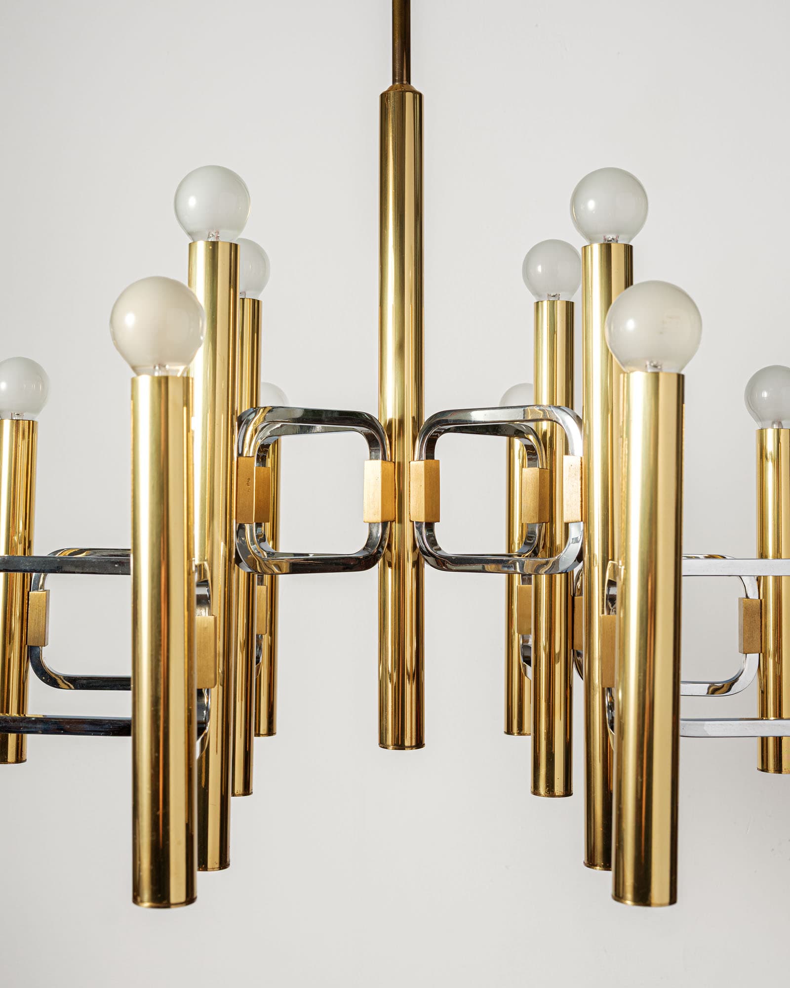 Chandelier, Mid-Century Modern, gold brass, silver chrome, by G. Sciolari, Italy, 1970s. - 350067