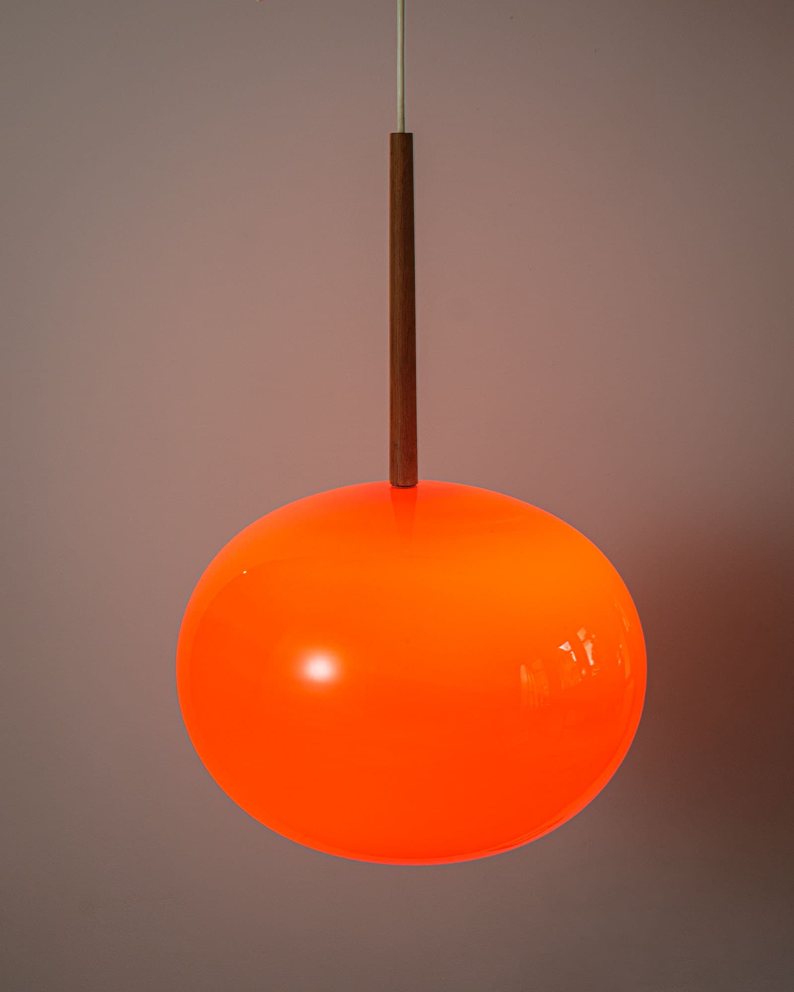 Ceiling lamp no. 552, orange glass, teak, by U. & Ö. Kristiansson, Luxus, Sweden, 1970s. - 350078