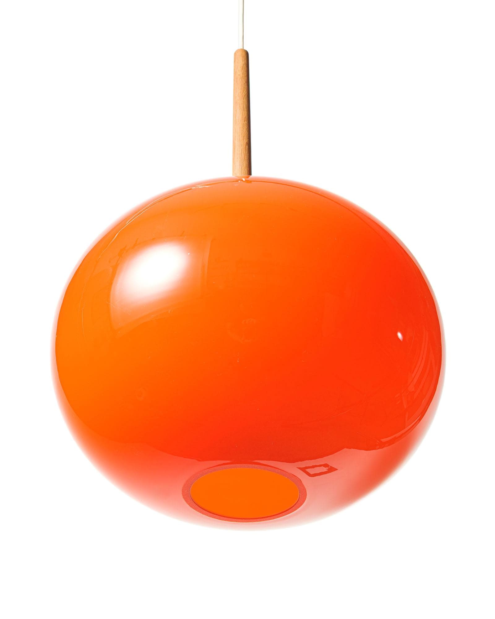 Ceiling lamp no. 552, orange glass, teak, by U. & Ö. Kristiansson, Luxus, Sweden, 1970s.