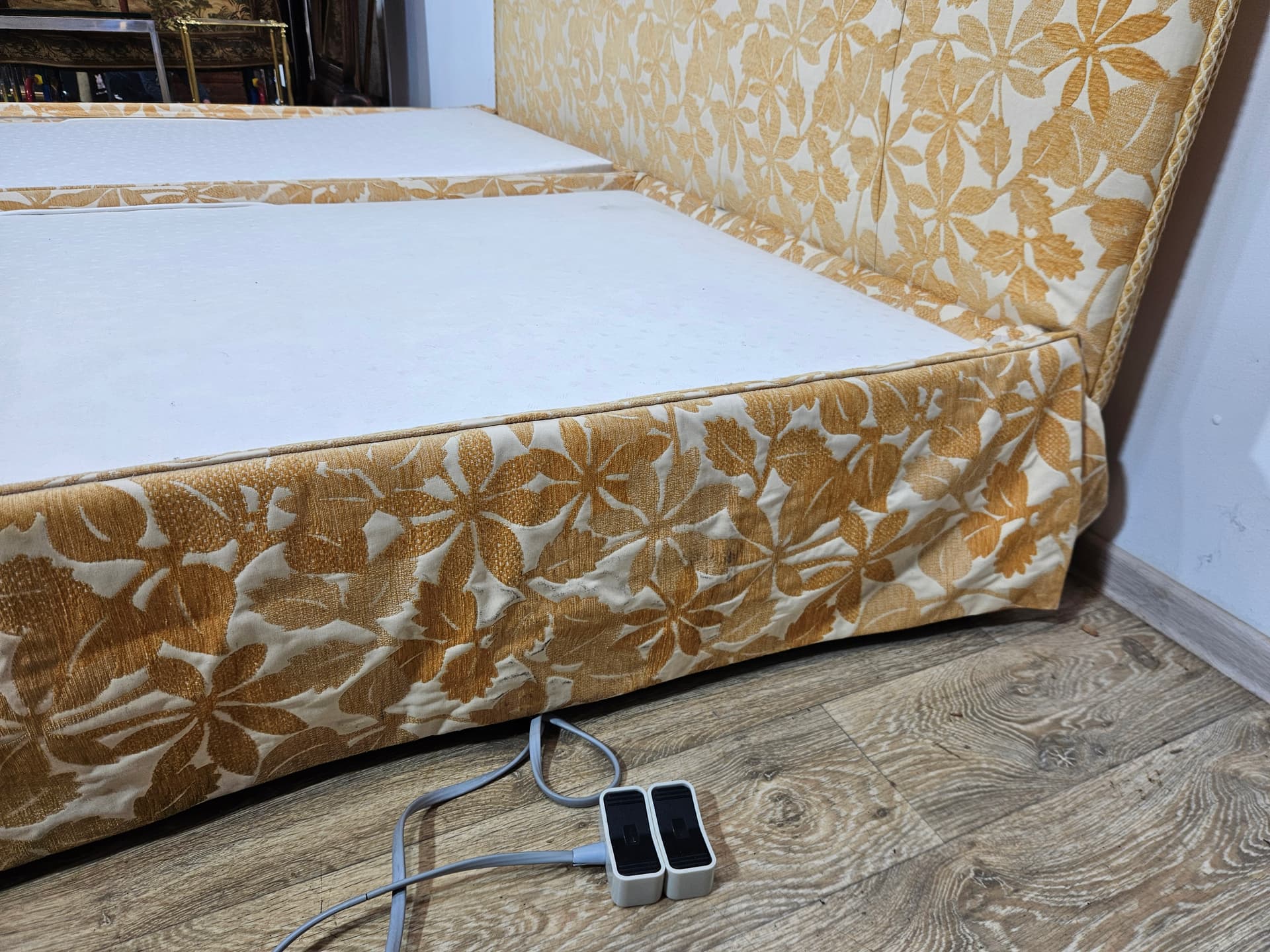 Vintage double electric bed, cream-gold jacquard, wood, metal, 1970s - 350129