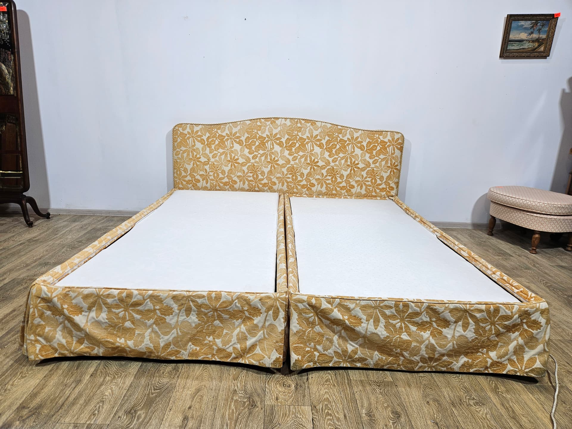 Vintage double electric bed, cream-gold jacquard, wood, metal, 1970s - 350123