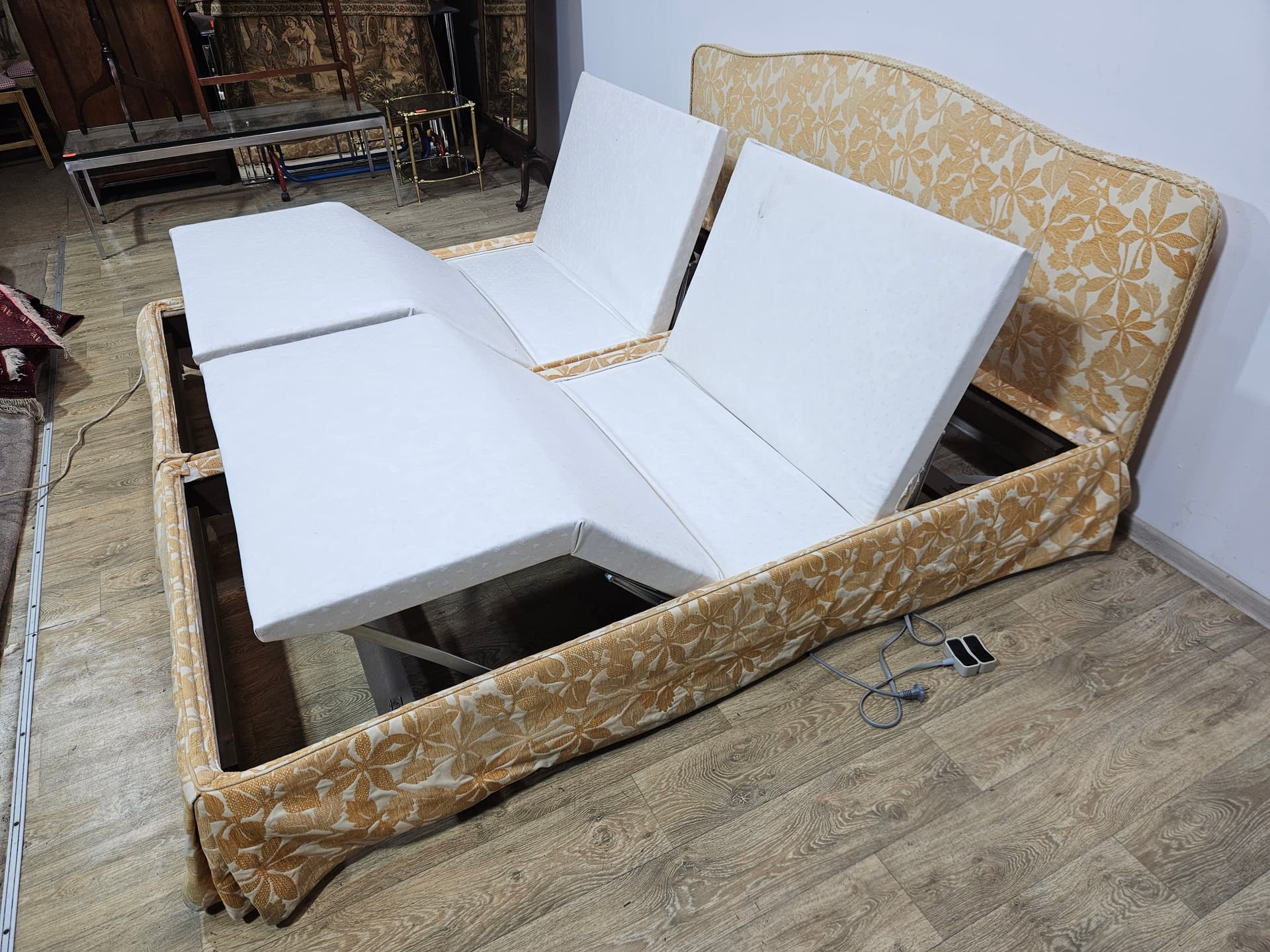 Vintage double electric bed, cream-gold jacquard, wood, metal, 1970s - 350126
