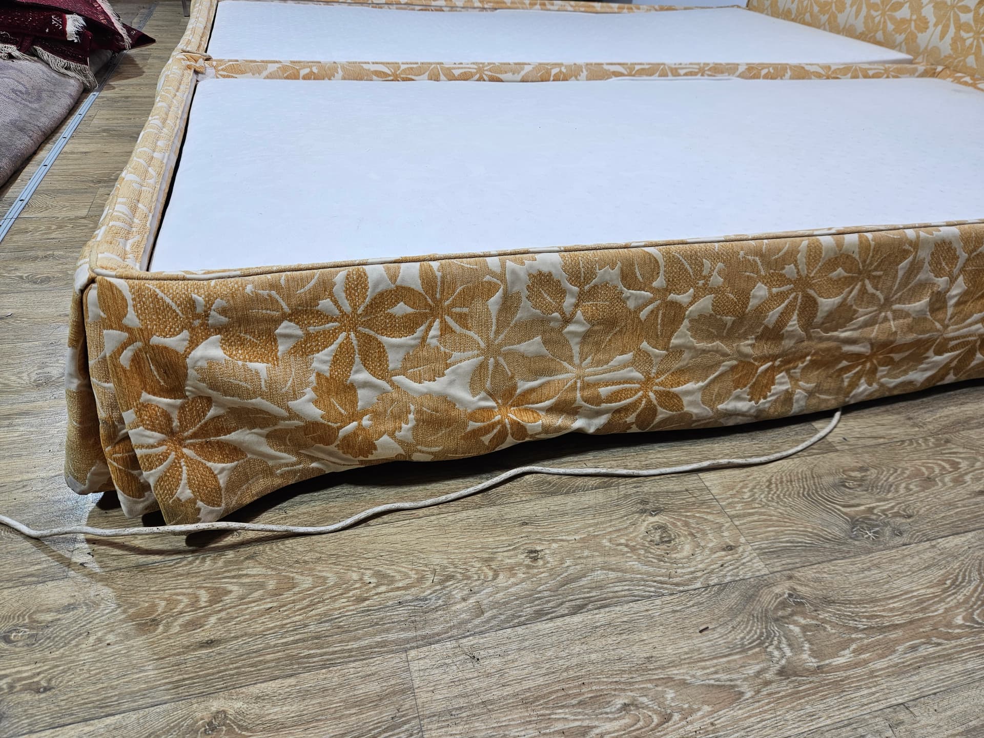 Vintage double electric bed, cream-gold jacquard, wood, metal, 1970s - 350127