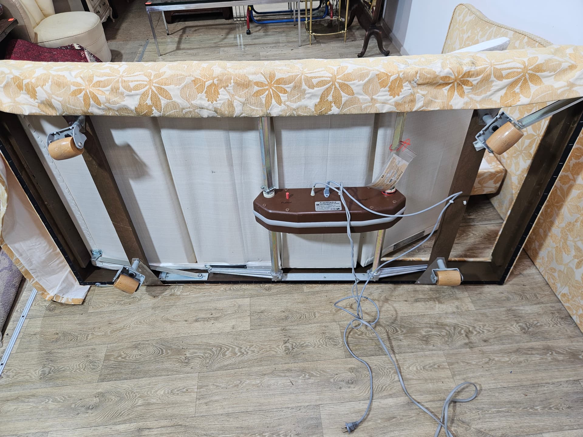 Vintage double electric bed, cream-gold jacquard, wood, metal, 1970s - 350128