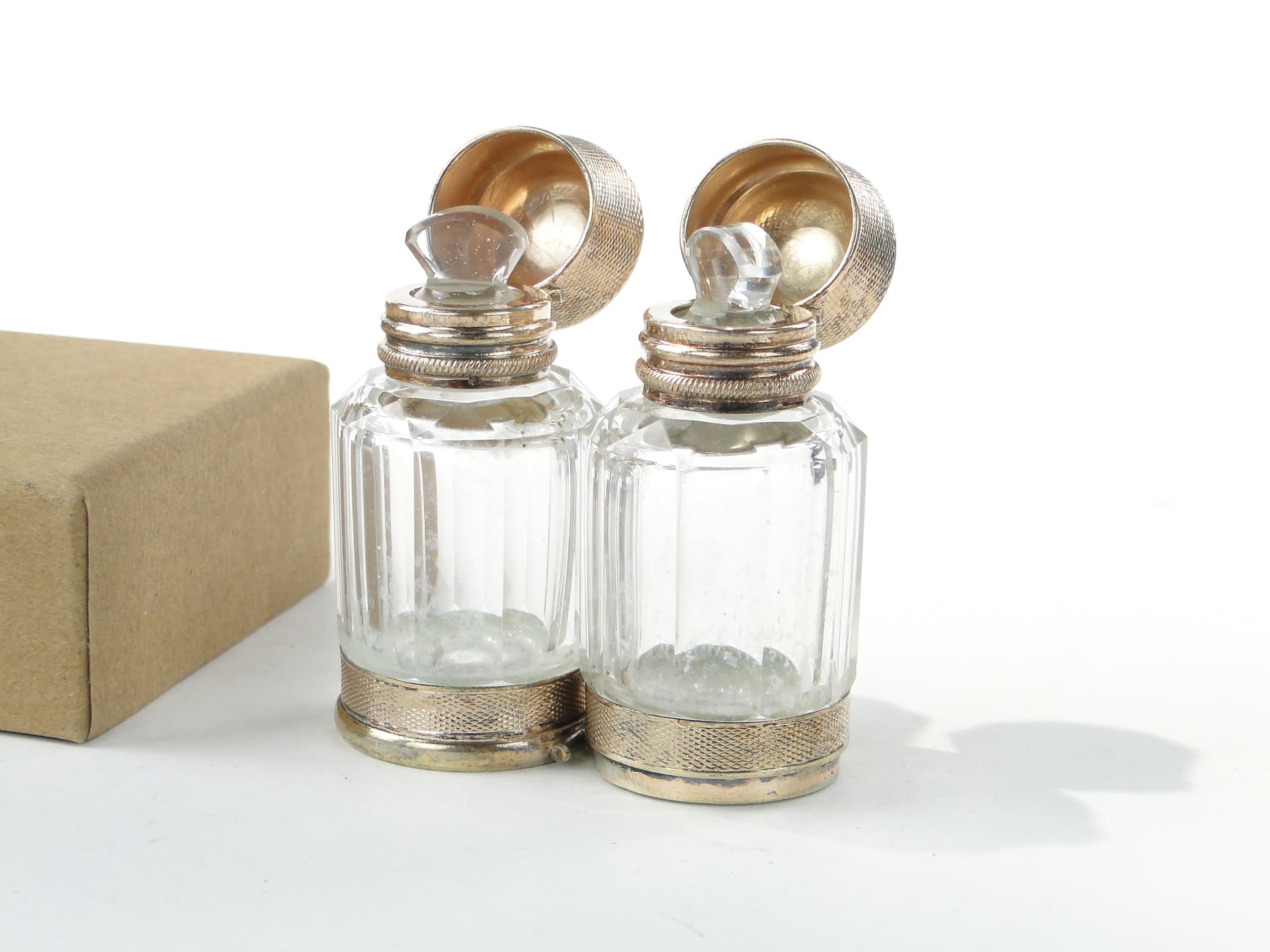 Travel Perfume Bottle Flacon Double, transparent crystal, gilded silver, France, early 20th century - 350231