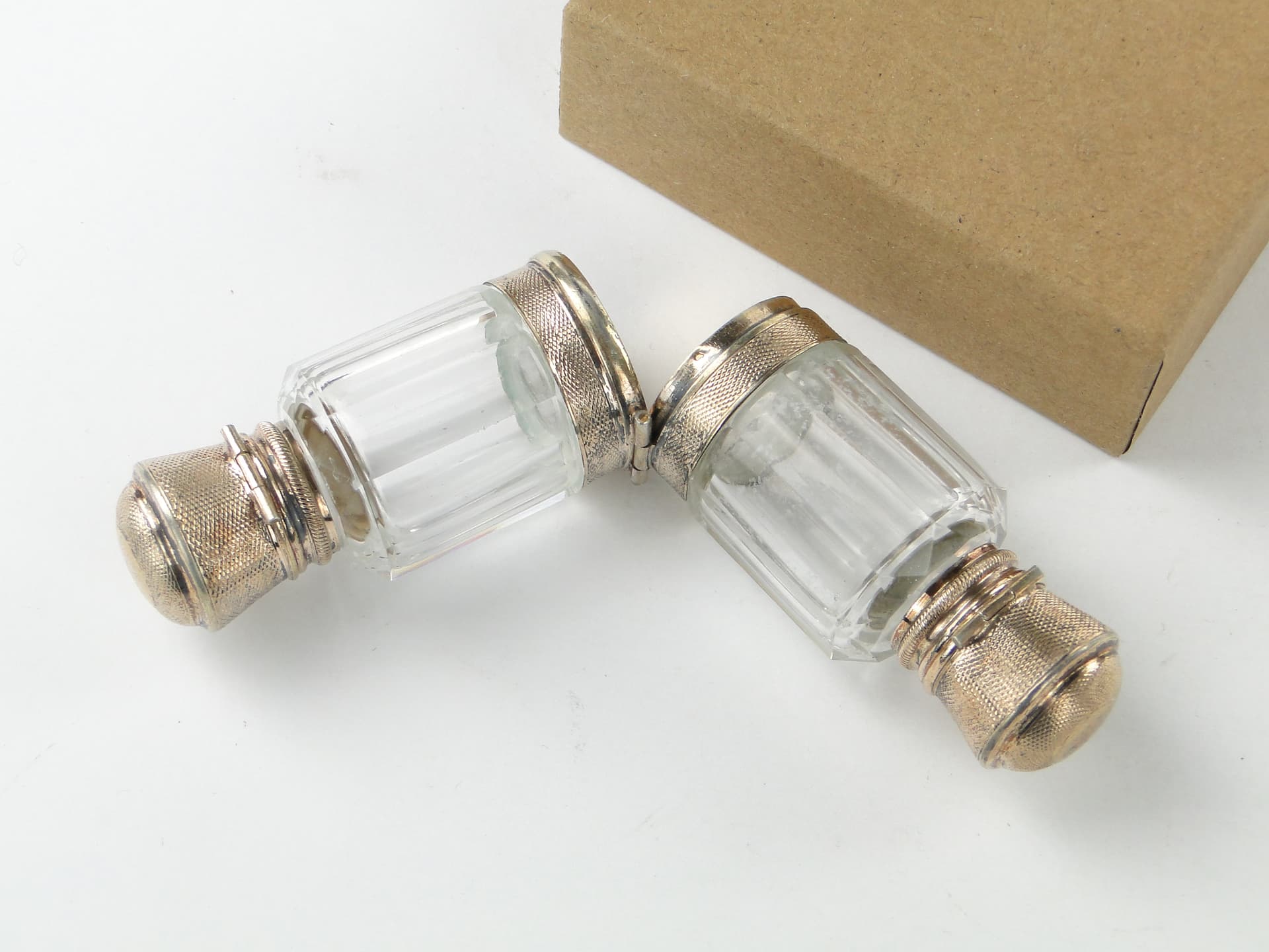 Travel Perfume Bottle Flacon Double, transparent crystal, gilded silver, France, early 20th century - 350237