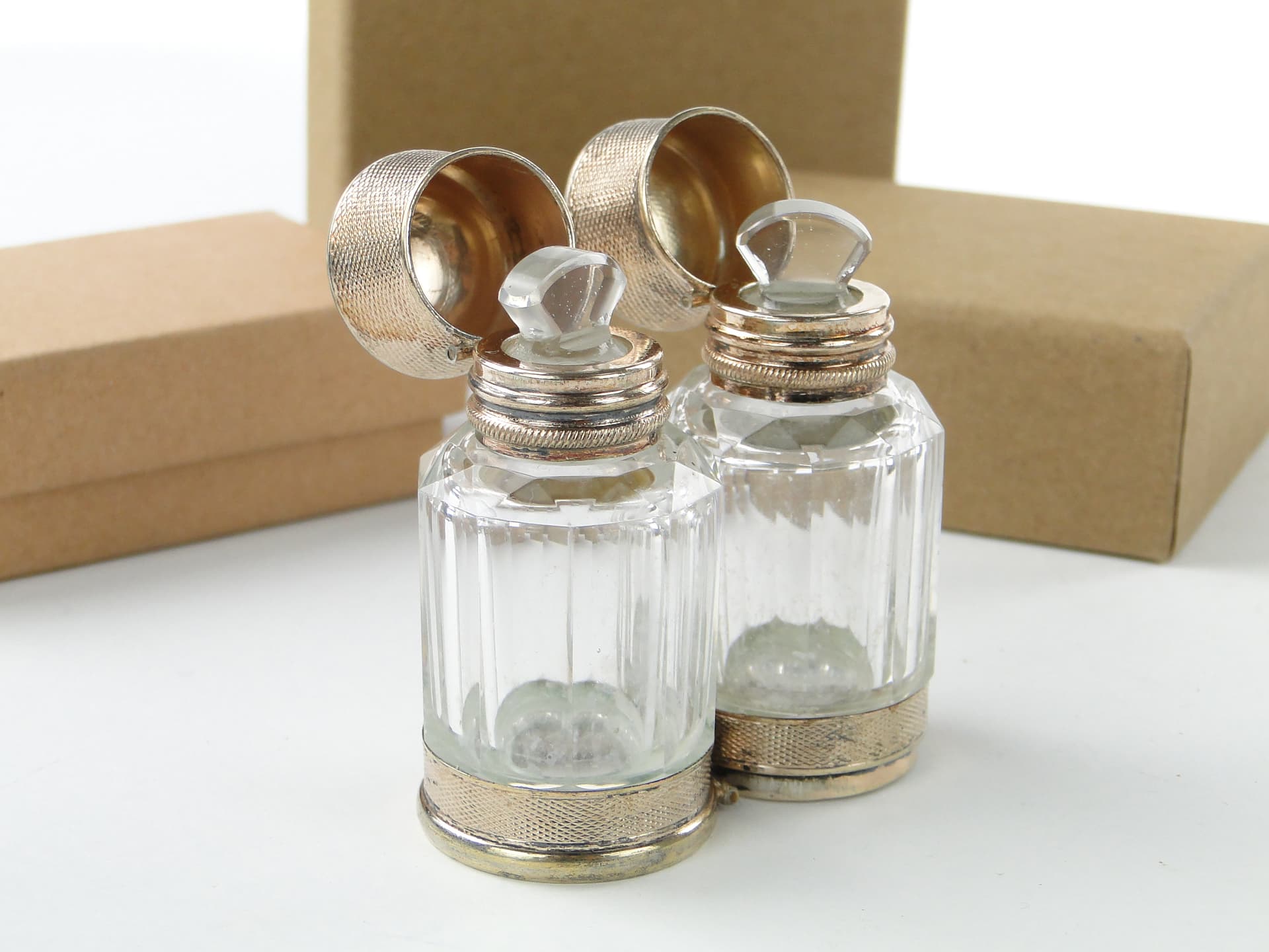 Travel Perfume Bottle Flacon Double, transparent crystal, gilded silver, France, early 20th century - 350242