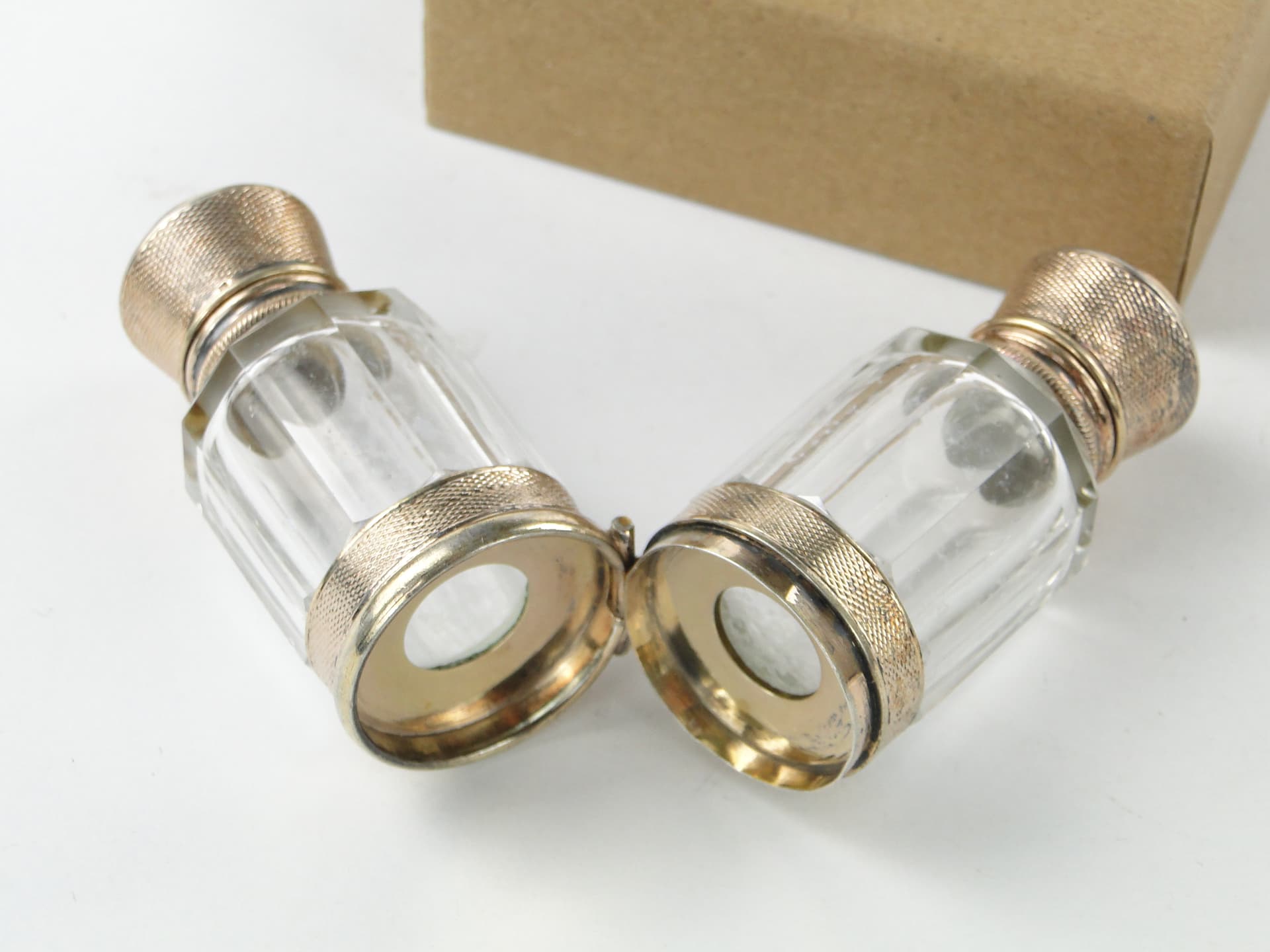 Travel Perfume Bottle Flacon Double, transparent crystal, gilded silver, France, early 20th century - 350238