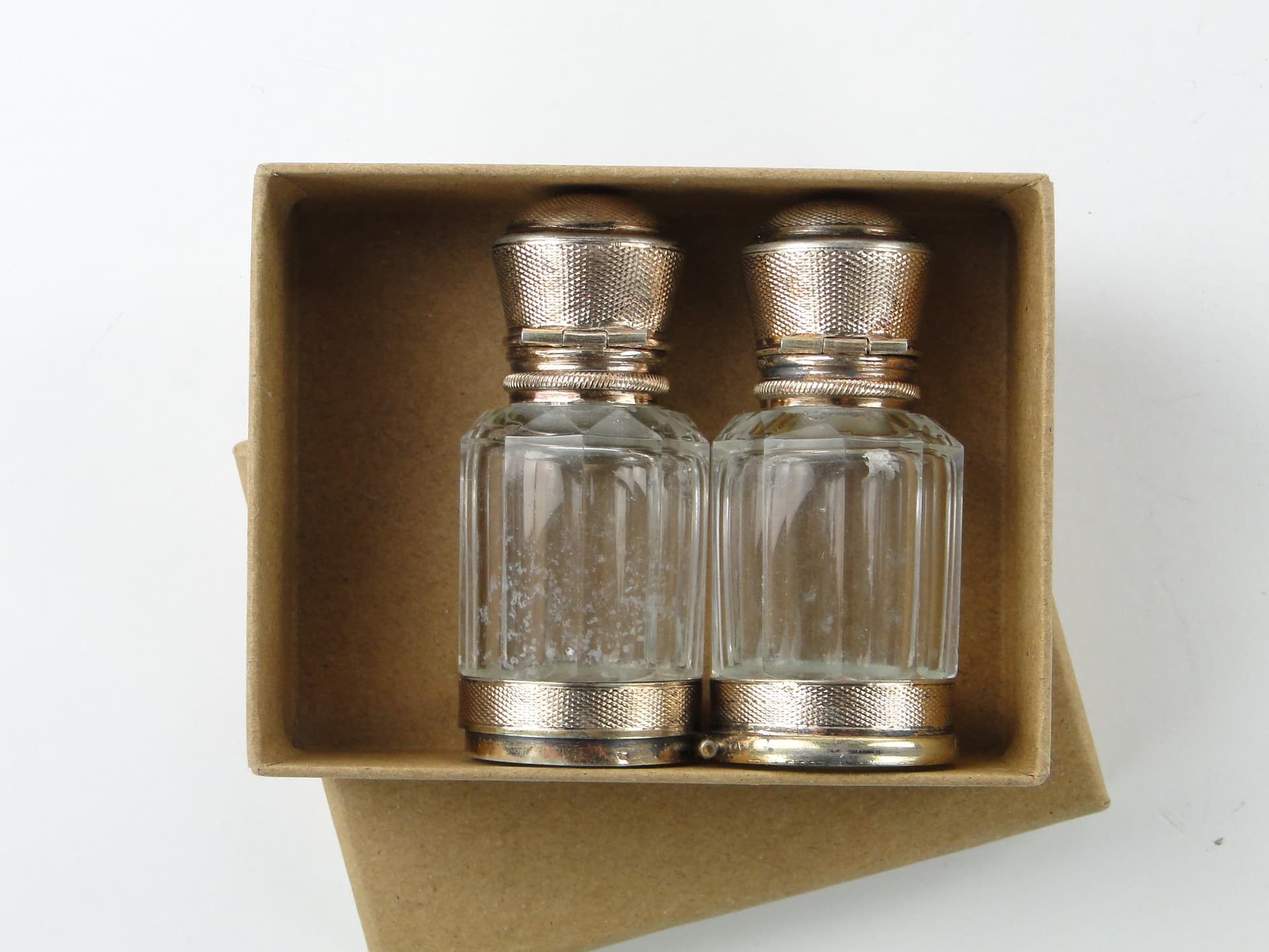Travel Perfume Bottle Flacon Double, transparent crystal, gilded silver, France, early 20th century - 350236