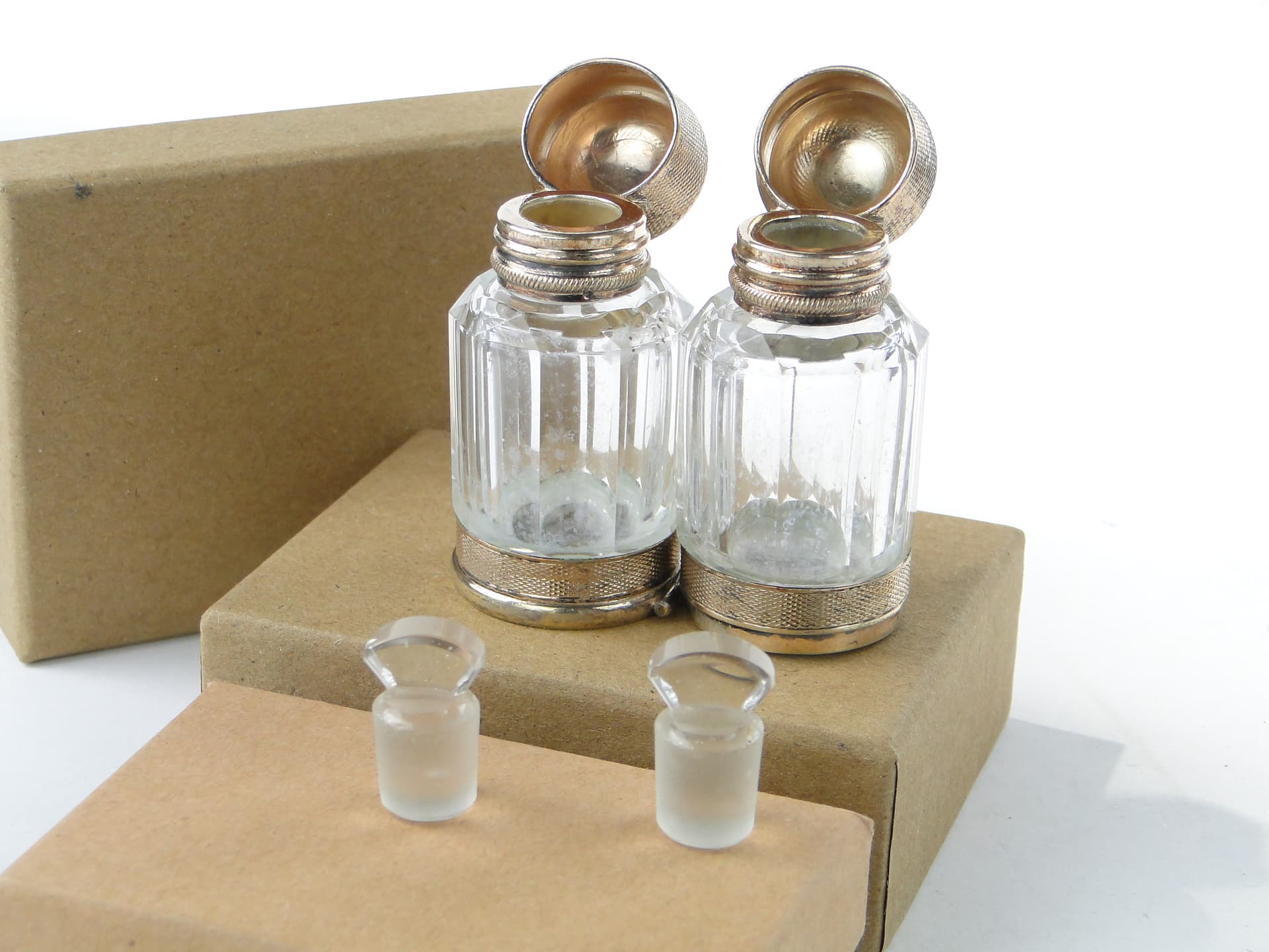 Travel Perfume Bottle Flacon Double, transparent crystal, gilded silver, France, early 20th century - 350232