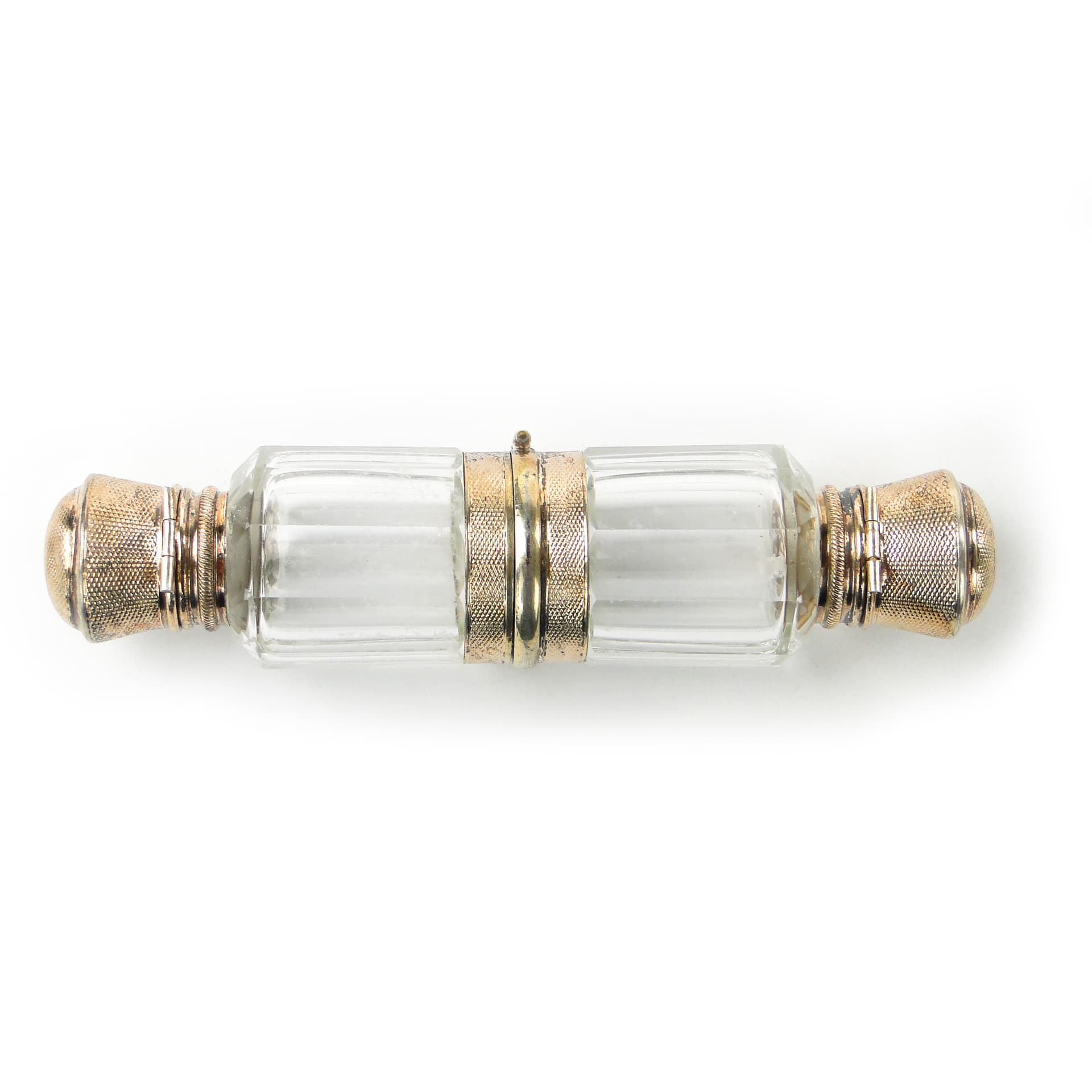 Travel Perfume Bottle Flacon Double, transparent crystal, gilded silver, France, early 20th century
