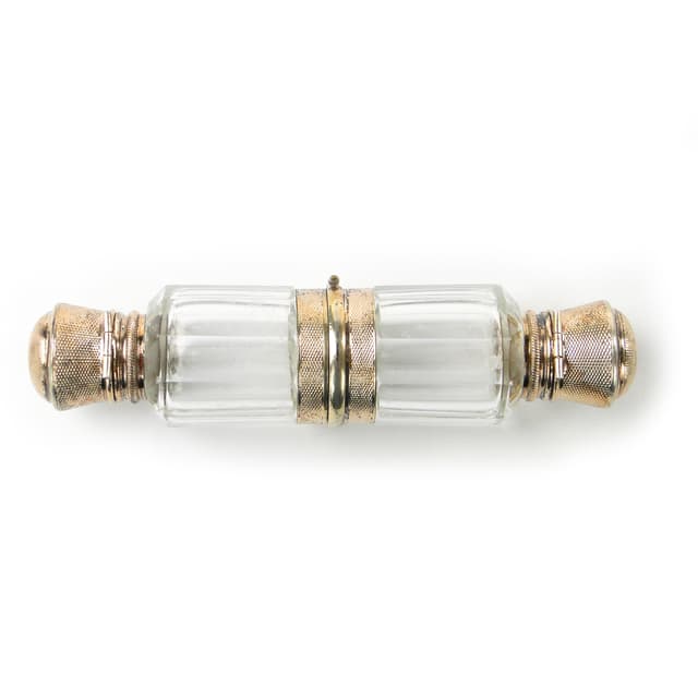 Travel Perfume Bottle Flacon Double, transparent crystal, gilded silver, France, early 20th century - DIMENSION