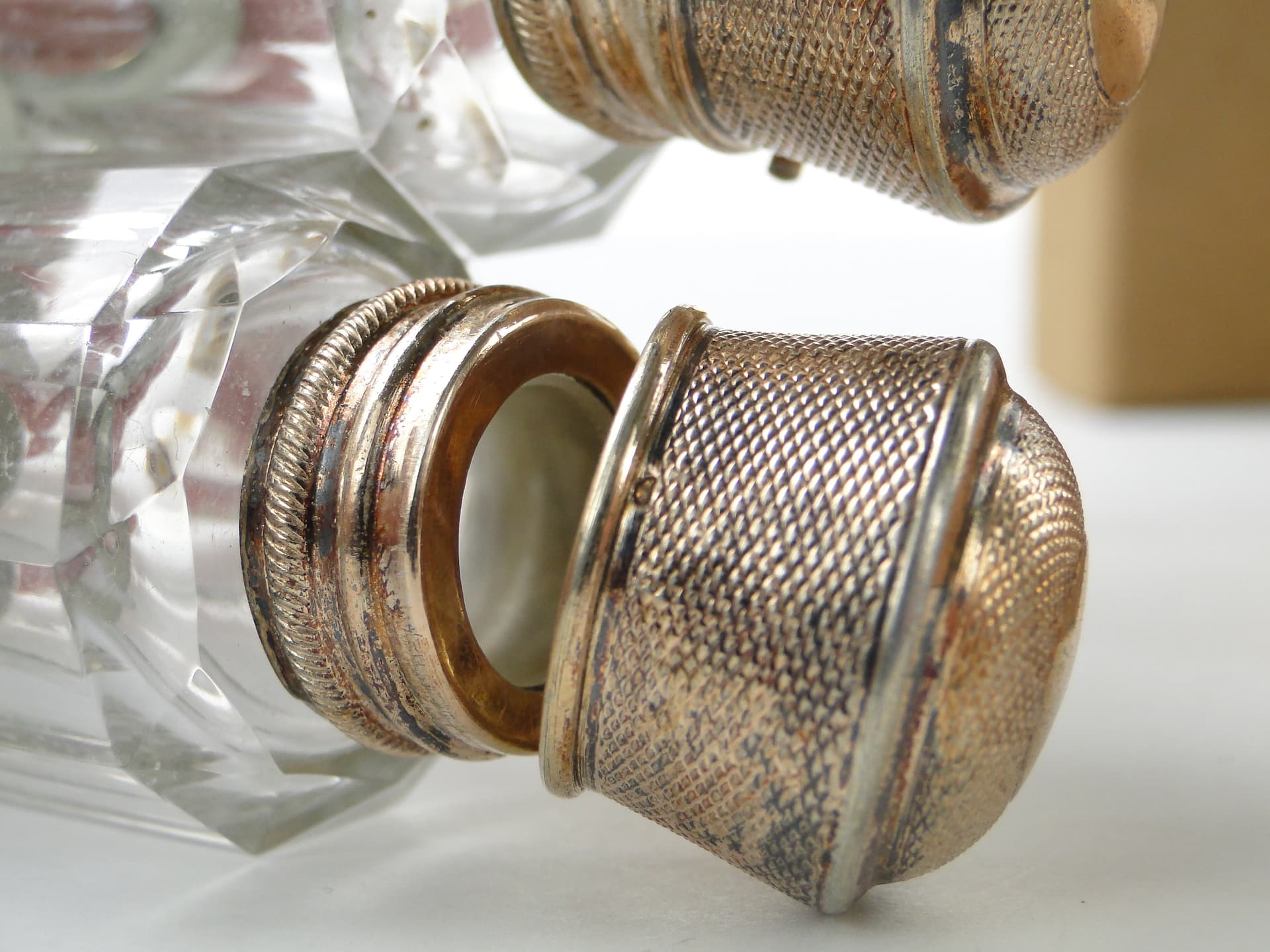 Travel Perfume Bottle Flacon Double, transparent crystal, gilded silver, France, early 20th century - 350233