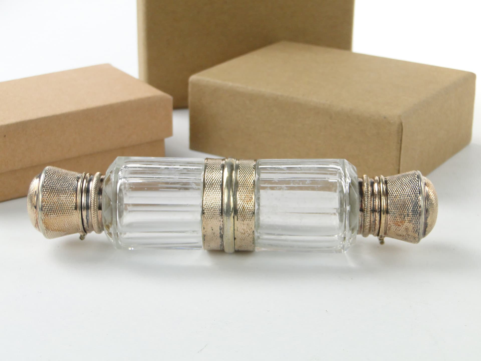 Travel Perfume Bottle Flacon Double, transparent crystal, gilded silver, France, early 20th century - 350239