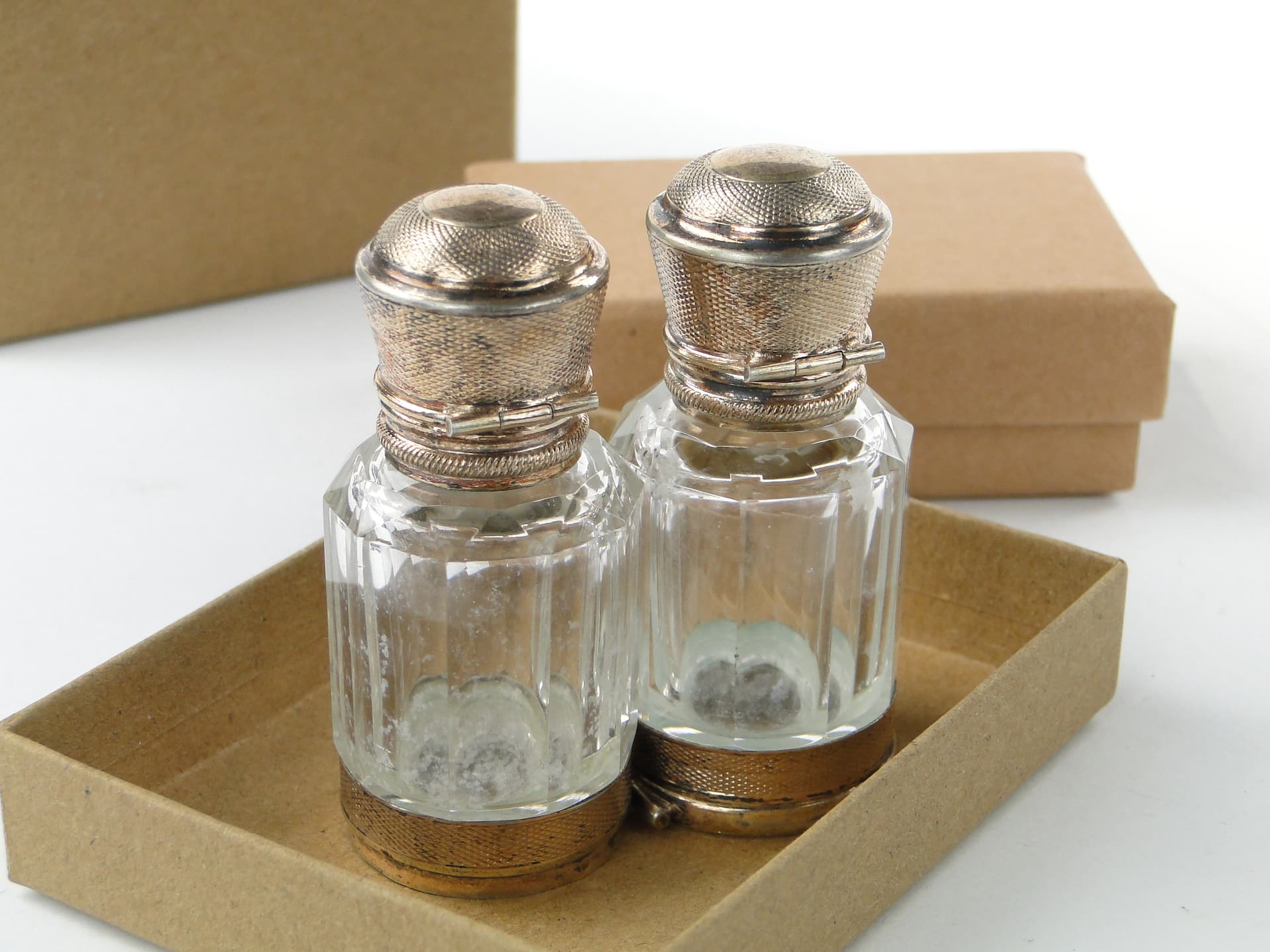 Travel Perfume Bottle Flacon Double, transparent crystal, gilded silver, France, early 20th century - 350235