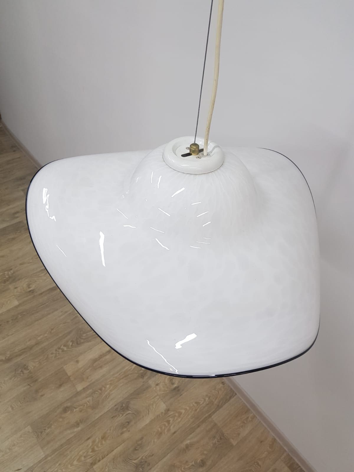 Murano pendant lamp, white black, glass, vintage, Italy - 350336