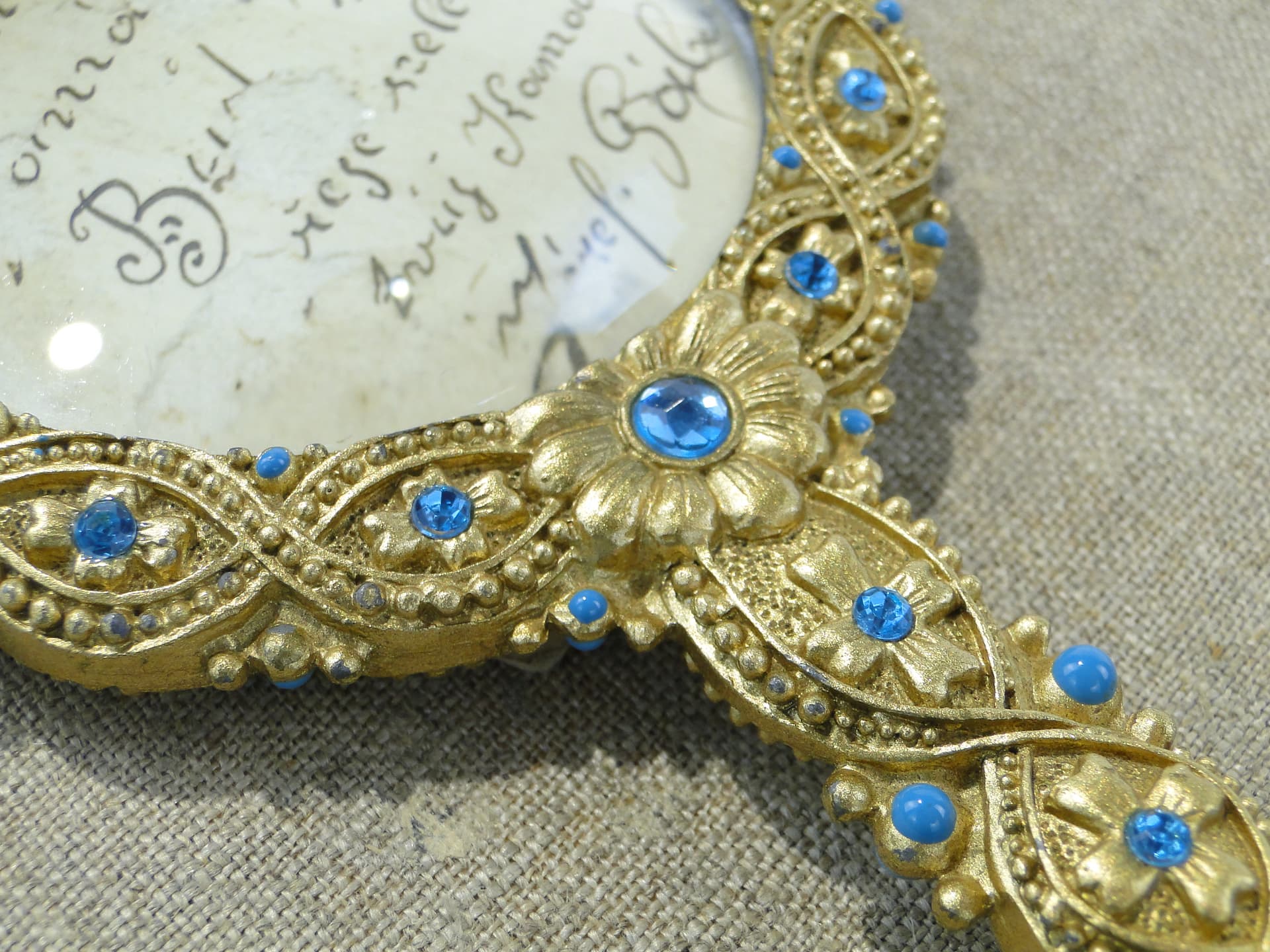 Desk Magnifying Glass, gold brass turquoise glass, Italy, 1950s - 350379