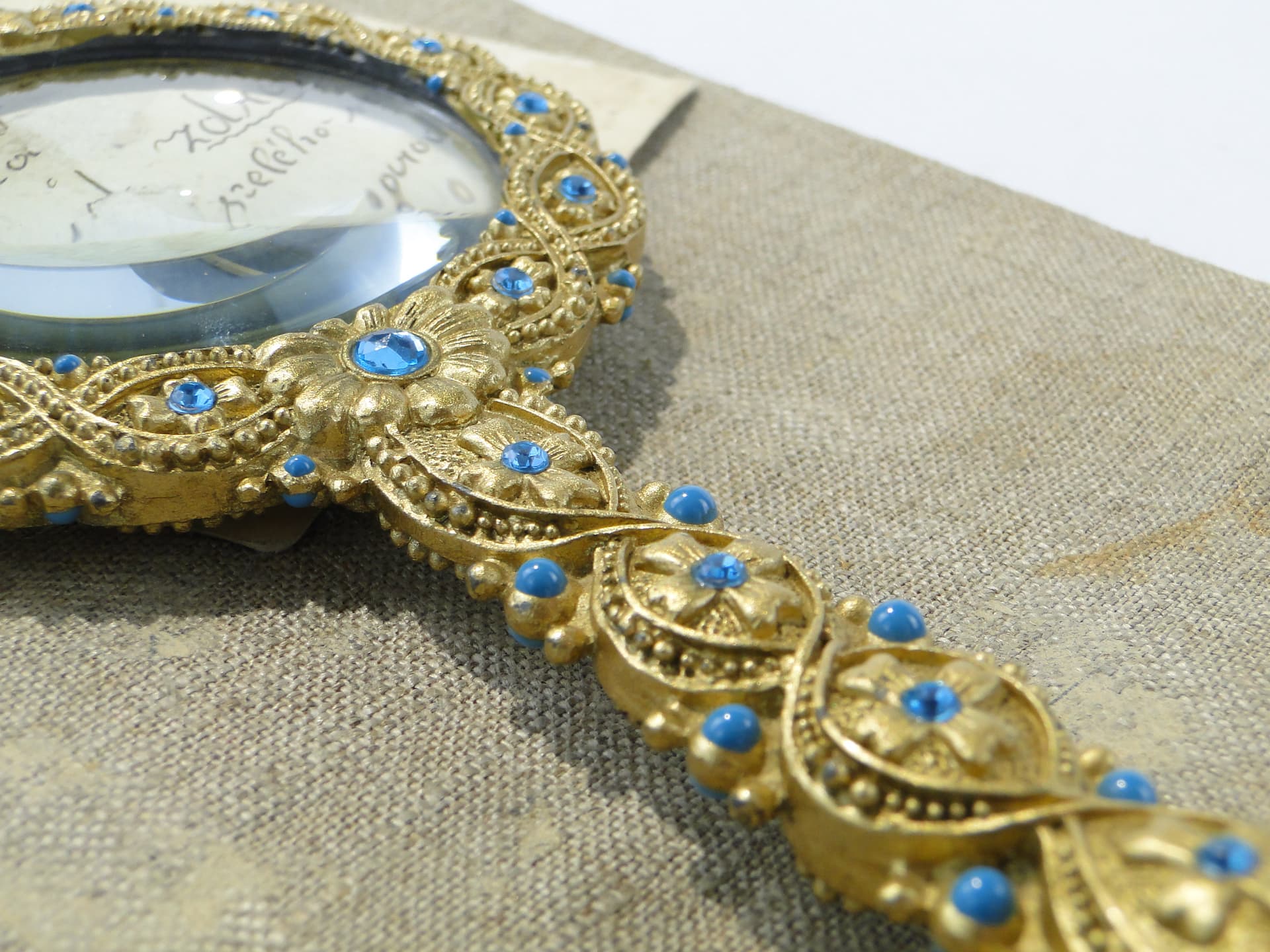 Desk Magnifying Glass, gold brass turquoise glass, Italy, 1950s - 350380