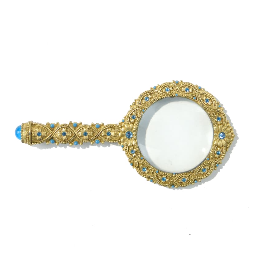 Desk Magnifying Glass, gold brass turquoise glass, Italy, 1950s