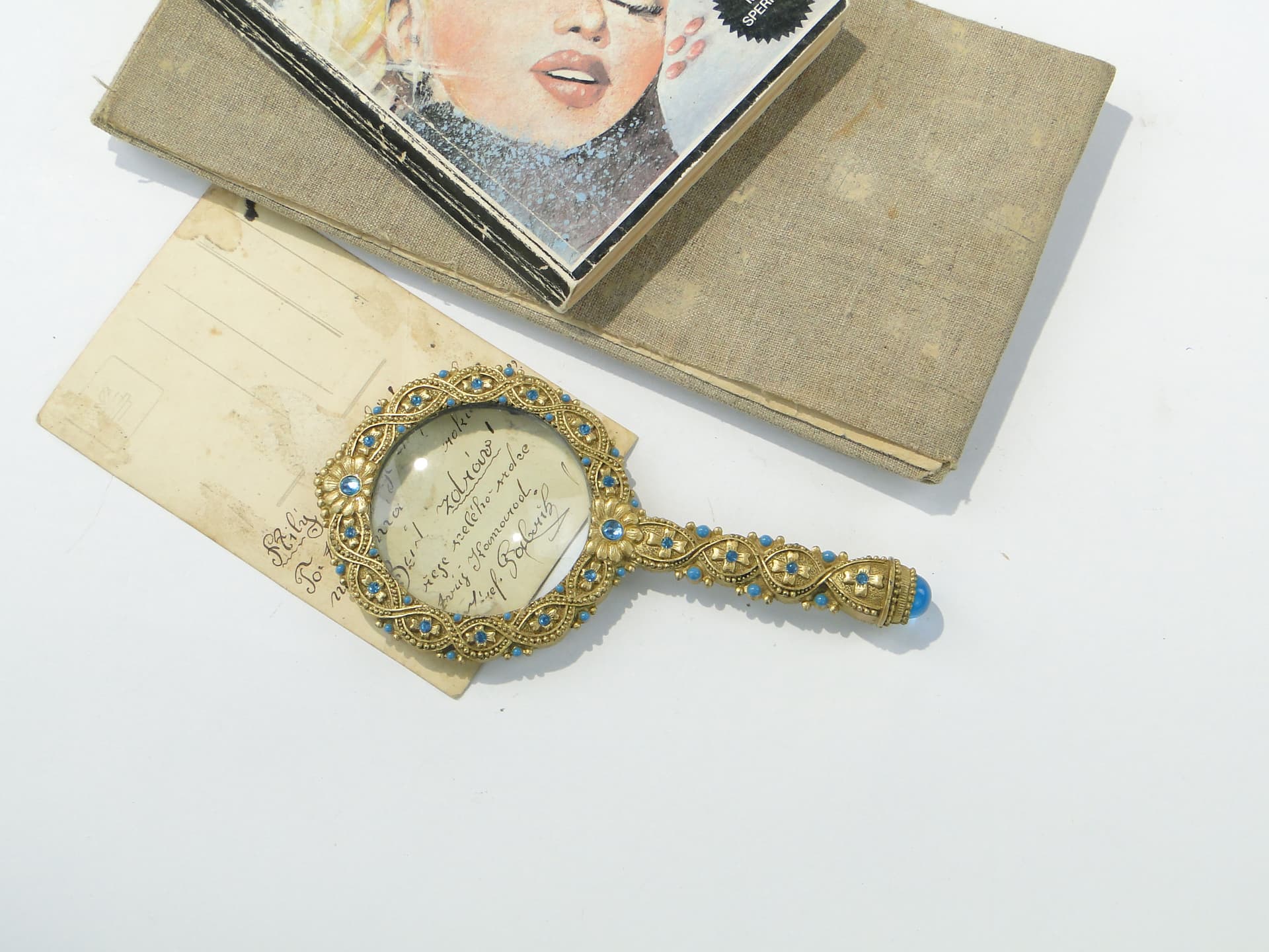 Desk Magnifying Glass, gold brass turquoise glass, Italy, 1950s - 350387