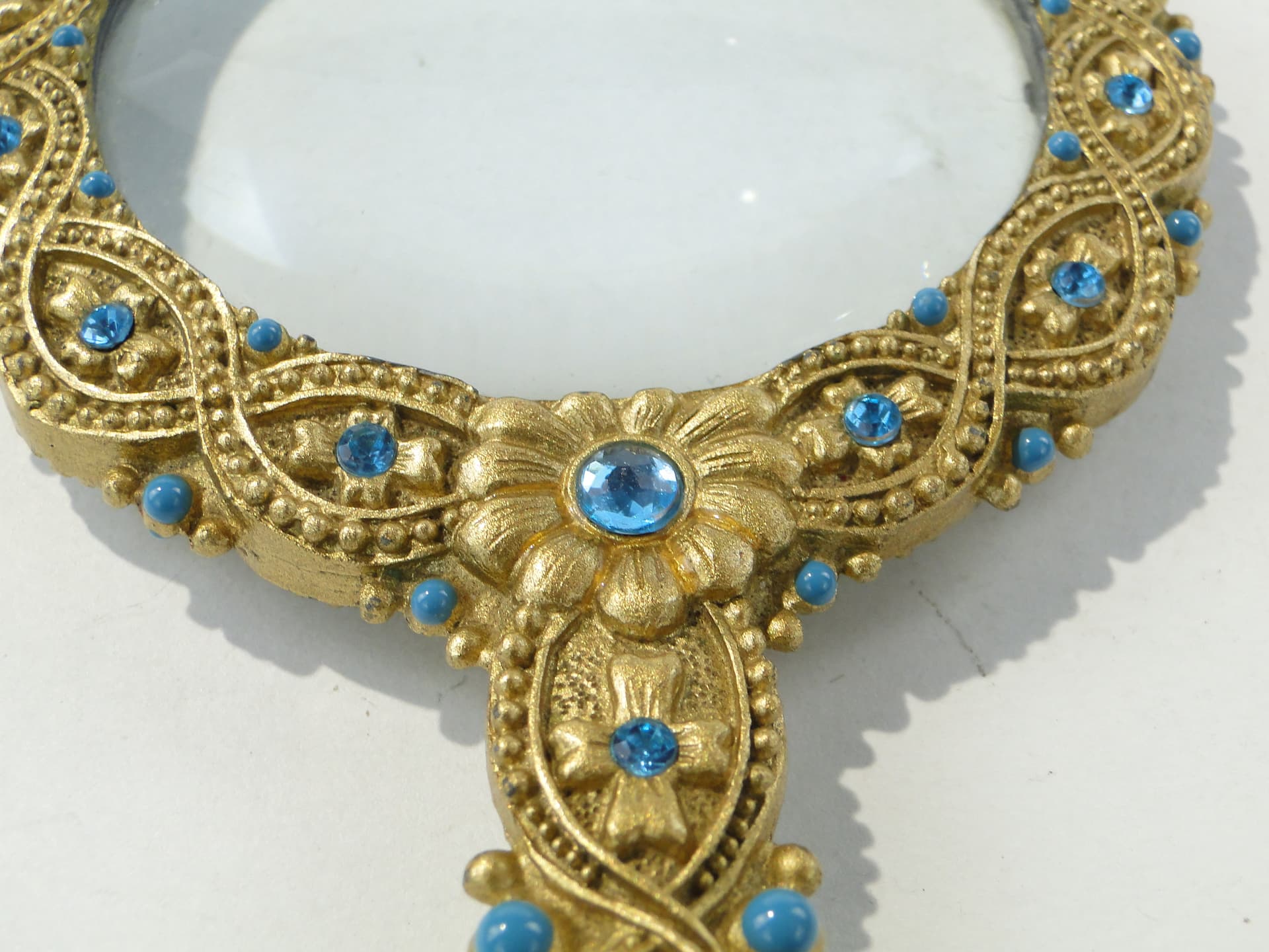 Desk Magnifying Glass, gold brass turquoise glass, Italy, 1950s - 350385