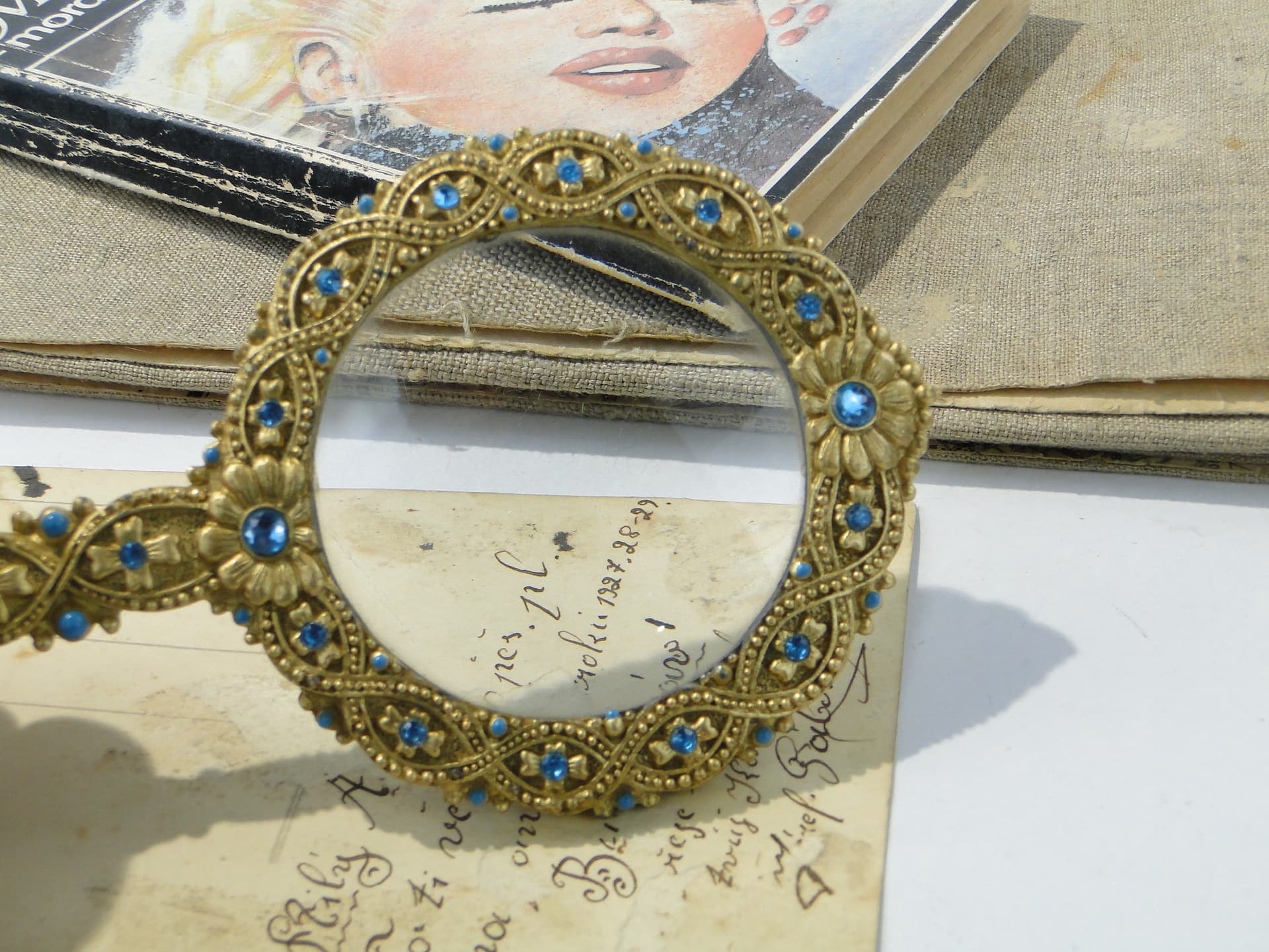Desk Magnifying Glass, gold brass turquoise glass, Italy, 1950s - 350377