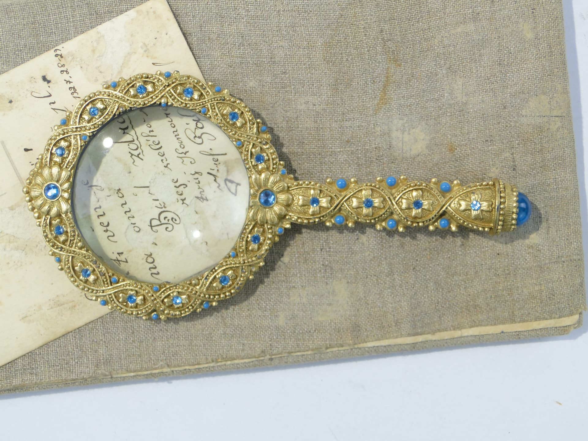 Desk Magnifying Glass, gold brass turquoise glass, Italy, 1950s - 350378