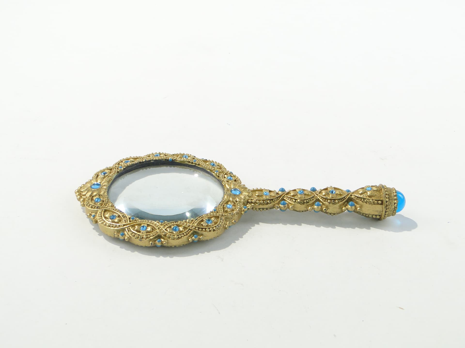 Desk Magnifying Glass, gold brass turquoise glass, Italy, 1950s - 350383