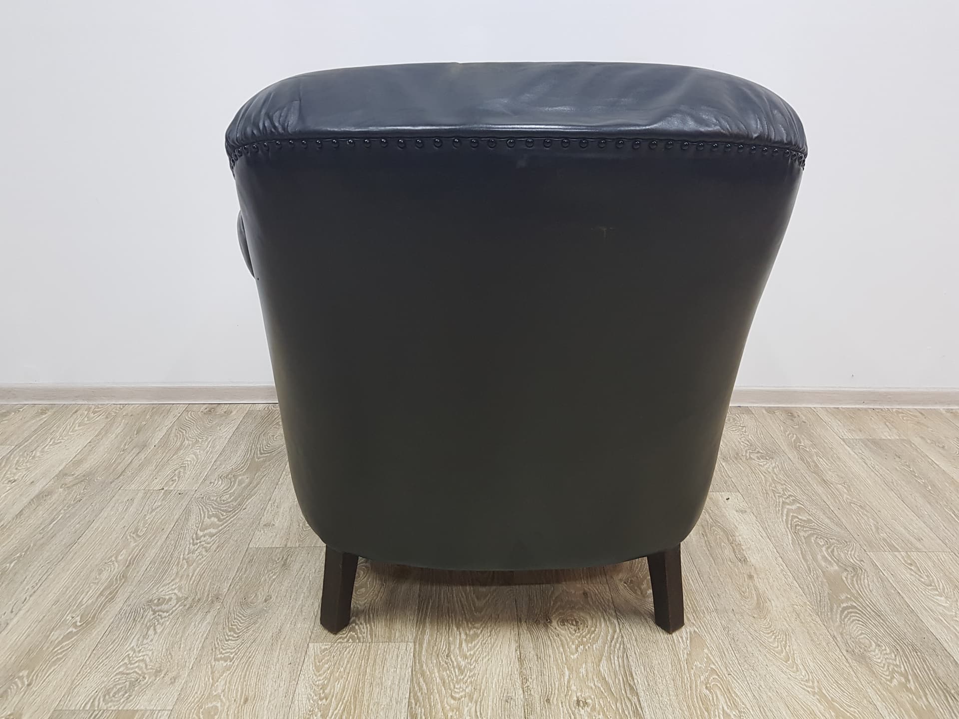 Art Deco club chair, black leather, brown wood, vintage, Austria - 350521