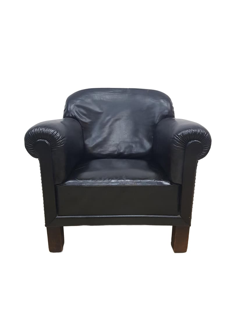 Art Deco club chair, black leather, brown wood, vintage, Austria
