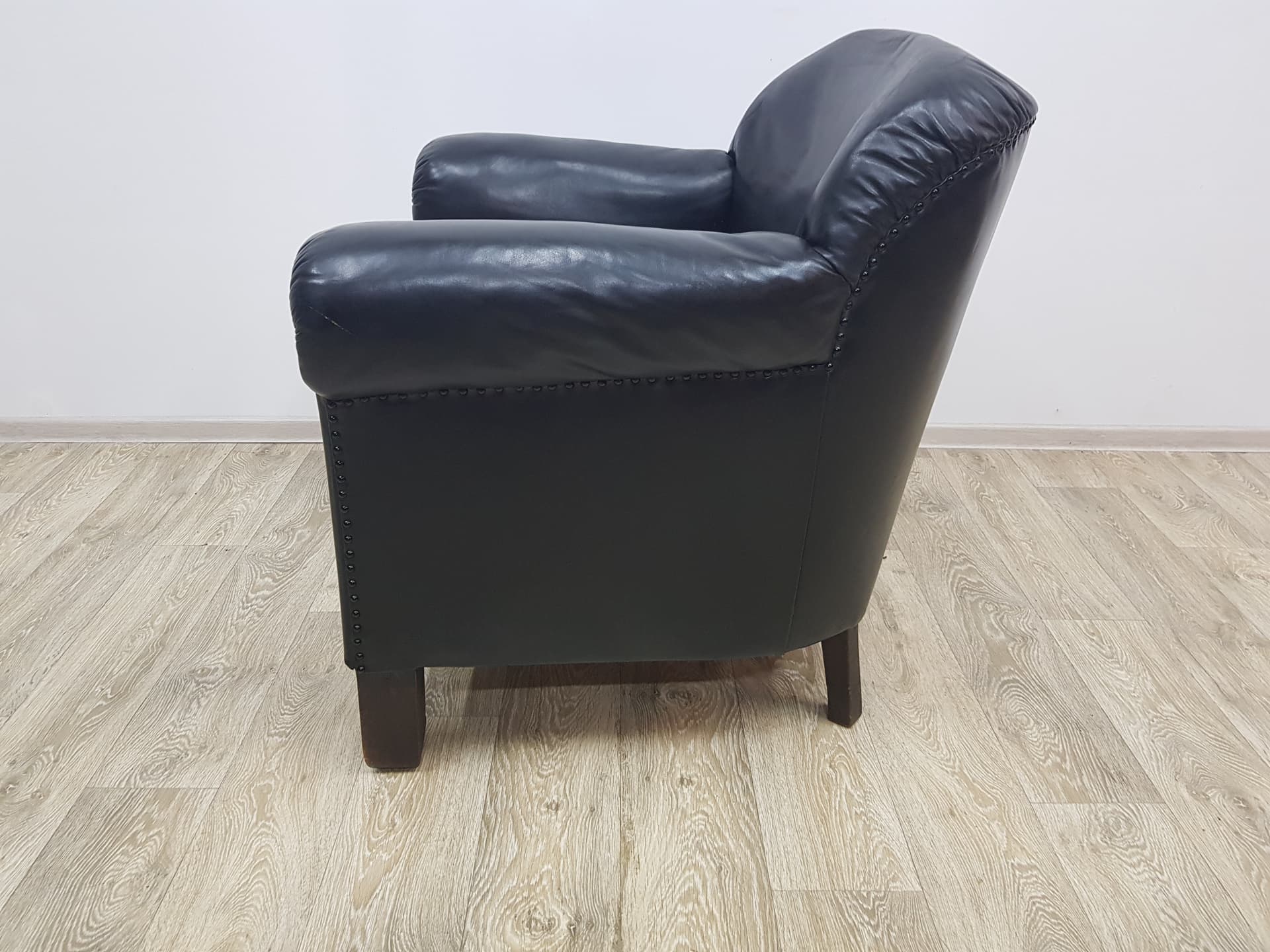 Art Deco club chair, black leather, brown wood, vintage, Austria - 350522
