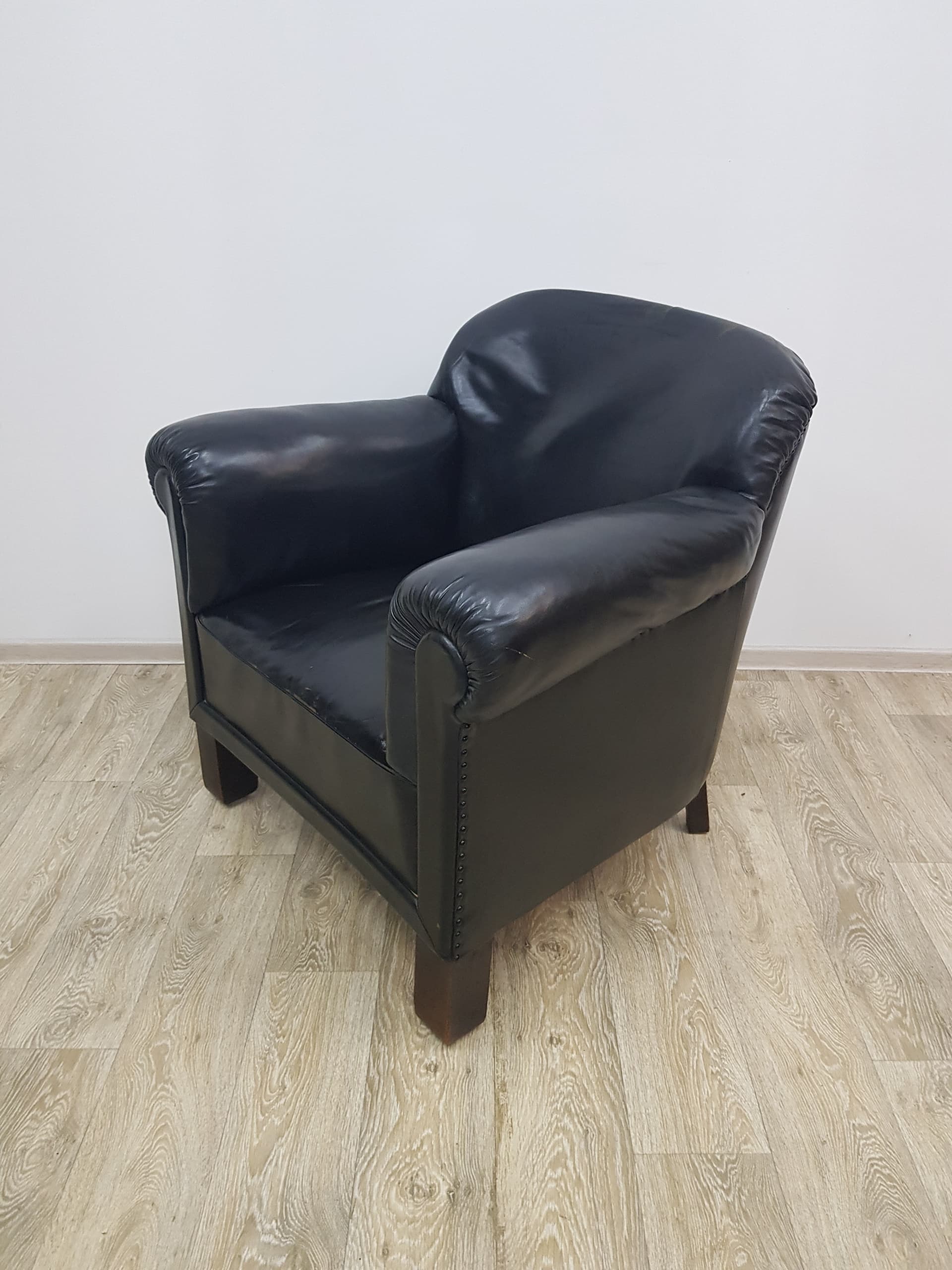 Art Deco club chair, black leather, brown wood, vintage, Austria - 350514