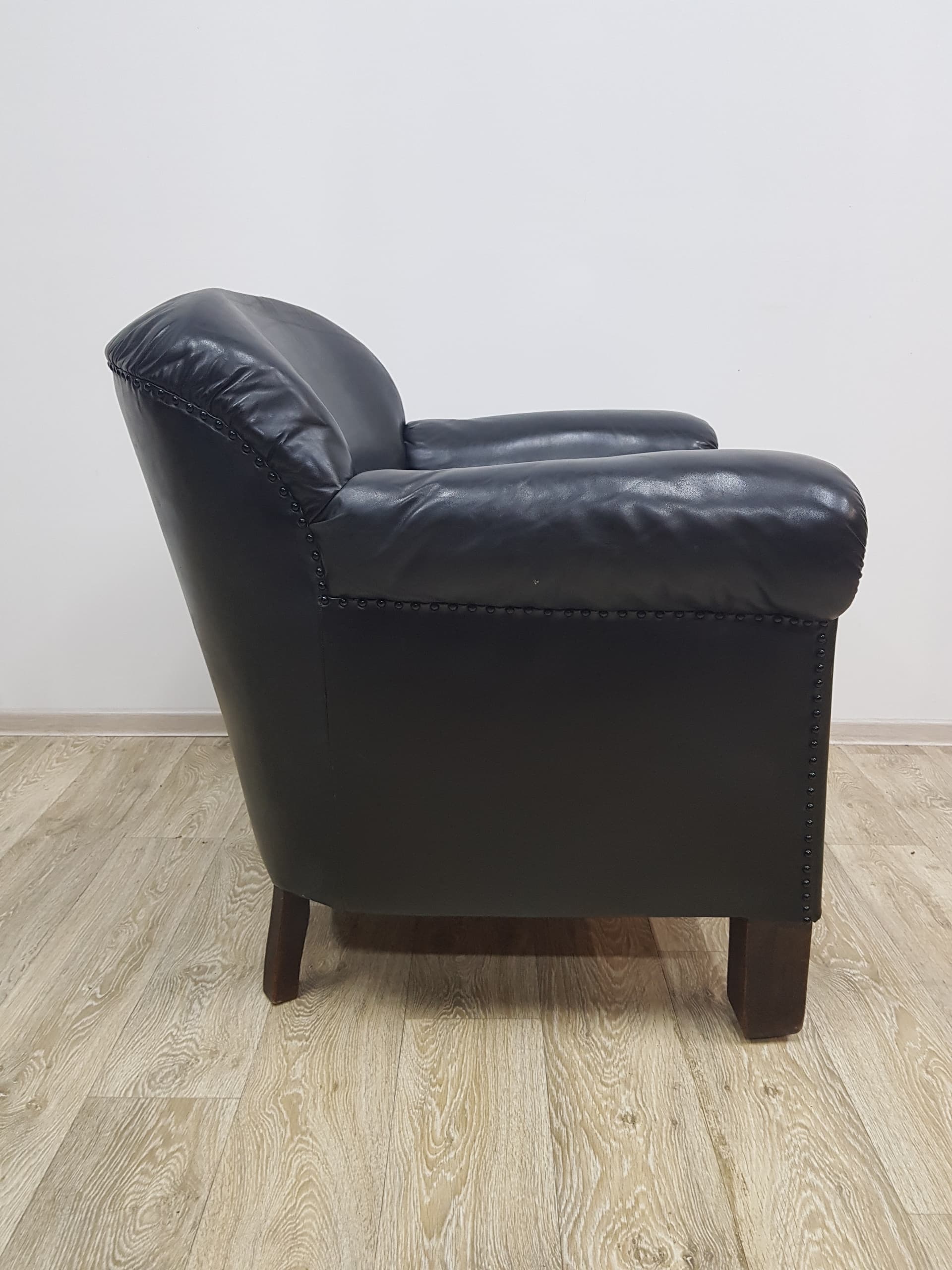 Art Deco club chair, black leather, brown wood, vintage, Austria - 350516